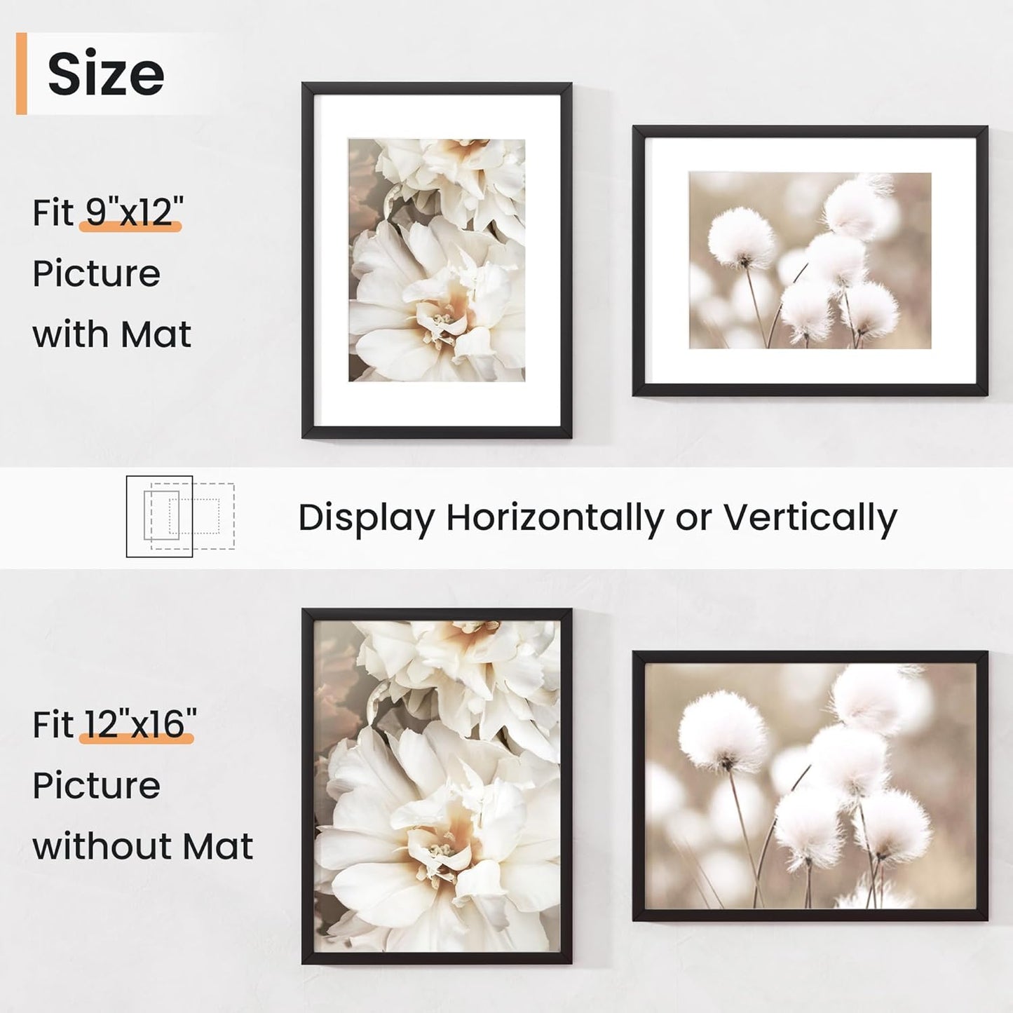 12x16 inch Picture Frame, 12x16 Photo Frames with Removable Mat - High Definition Plexiglass - Vertical and Horizontal Display - Wall Hanging Frame - Black, 3 Pack