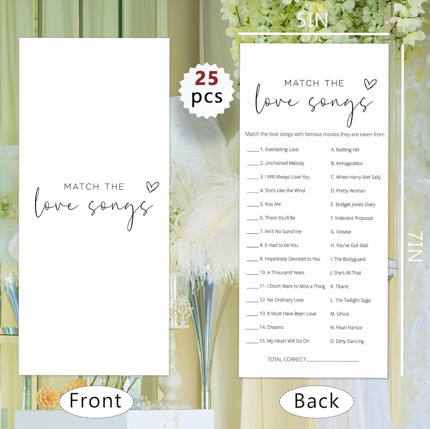 Bridal Shower Games, Match the Love Songs, 25Pcs 4x9in Minimalist White Double-Sided Bridal Game Cards with 1 Answer Key, Wedding Shower Games for Guests, Engagement Bachelorette Party Supplies - A02