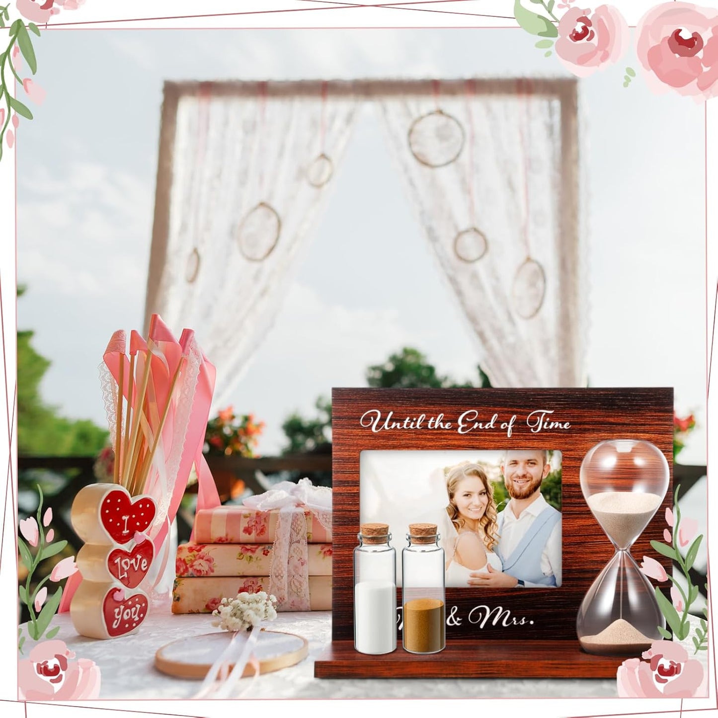 Blosssound Wedding Sand Ceremony Set Wooden Photo Frame, Hourglass Funnel, Sand, Glass Bottles, Mr and Mrs Until The End of Time Unity Kit for Weddings Ceremony Party Supplies(Walnut)
