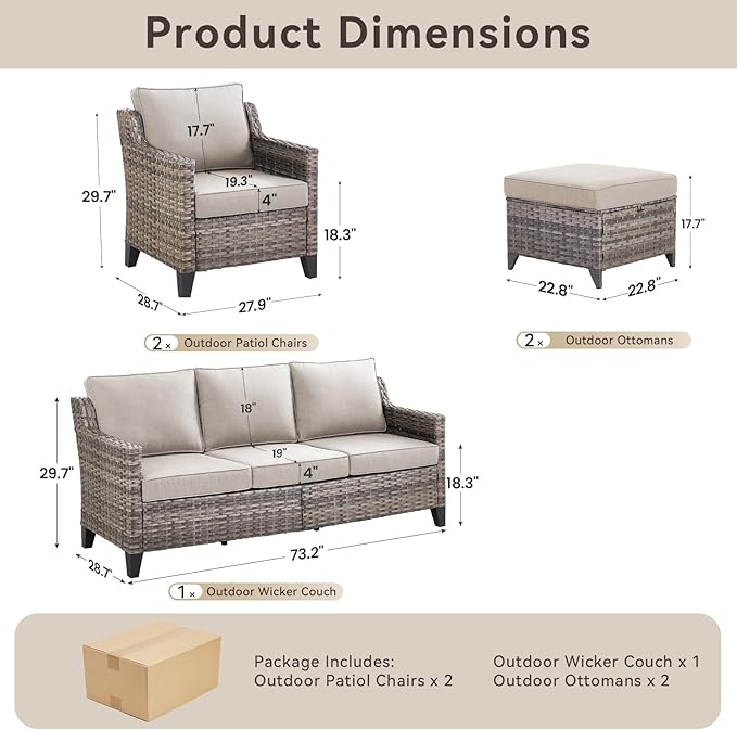 5 Pieces Outdoor Furniture-High Back Outdoor Wicker Couch Patio Chairs Set of 2 - Image 8