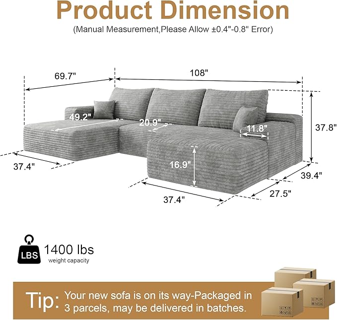 108" Sectional Couches for Living Room Cloud Couch Sofa - Image 2