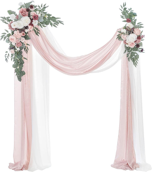 Ling's Moment Pink Mauve Artificial Wedding Arch Flowers Kit Pack of 4, 2pcs Hanging Flower Arrangement 2pcs Chiffon Drapes Spring Ceremony Reception Fake Rose Arbor Backdrop Floral Outdoor Decor