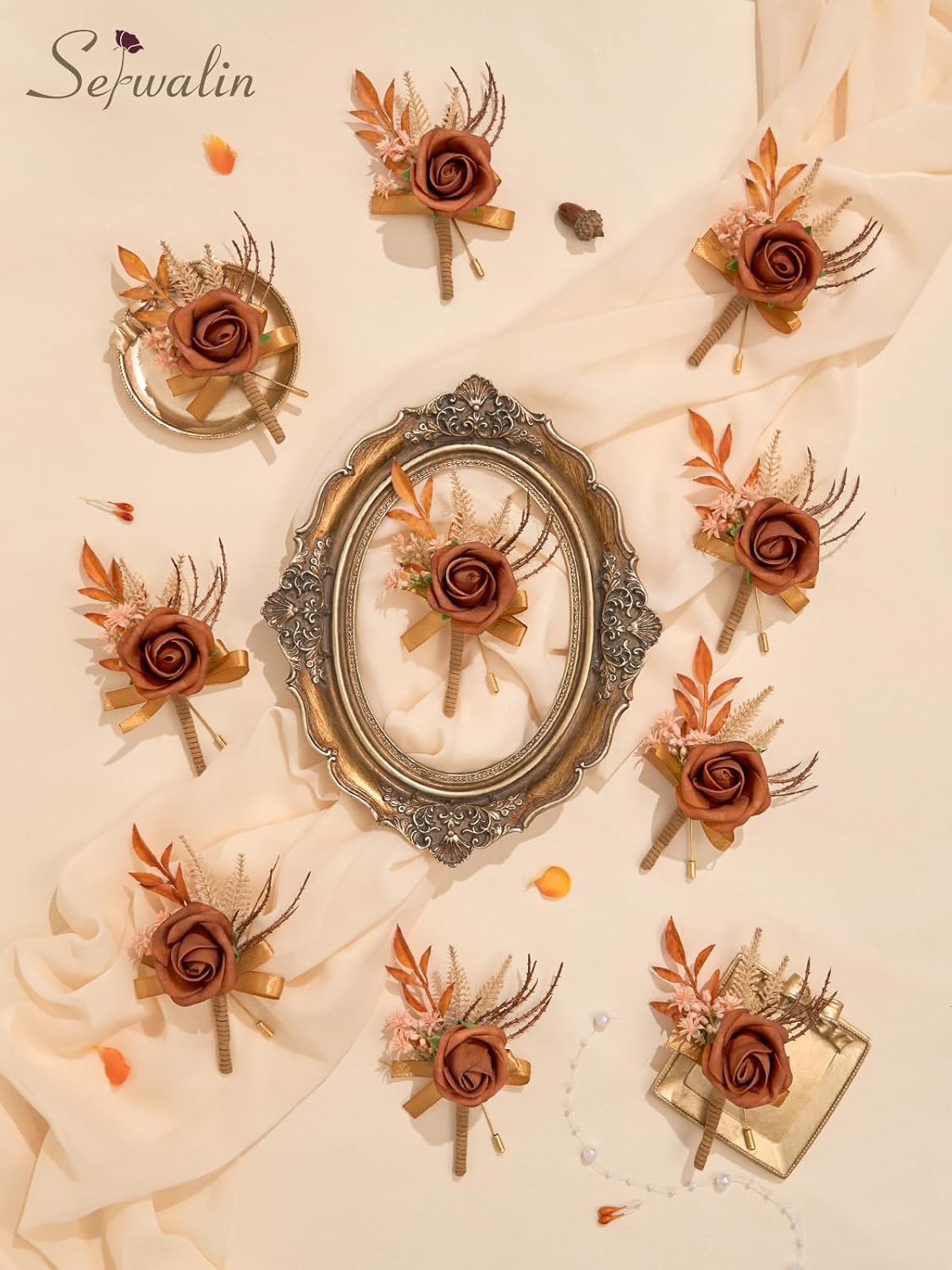 Serwalin 10Pcs Boutonniere for Men, Burnt Orange Groom and Best Man Boutonniere, Artificial Flowers for Wedding Decor, Prom, Homecoming, Ceremony Anniversary, Formal Dinner Party