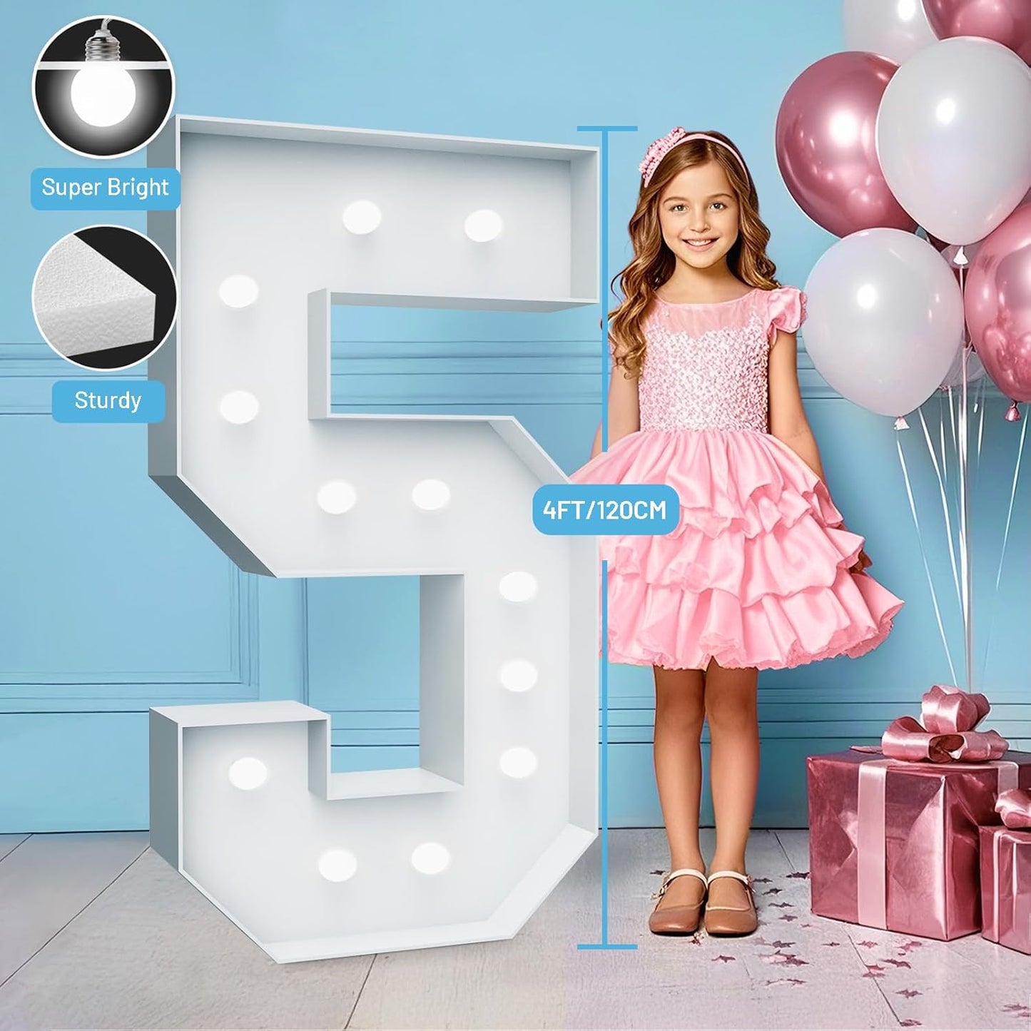 4FT Marquee Light Up Numbers - Cool White Light Up Numbers 5 with Fixed Water Bag, Party Decoration Large Marquee Light Up Numbers can Be Used for Wedding Decoration, Birthday Party Decoration