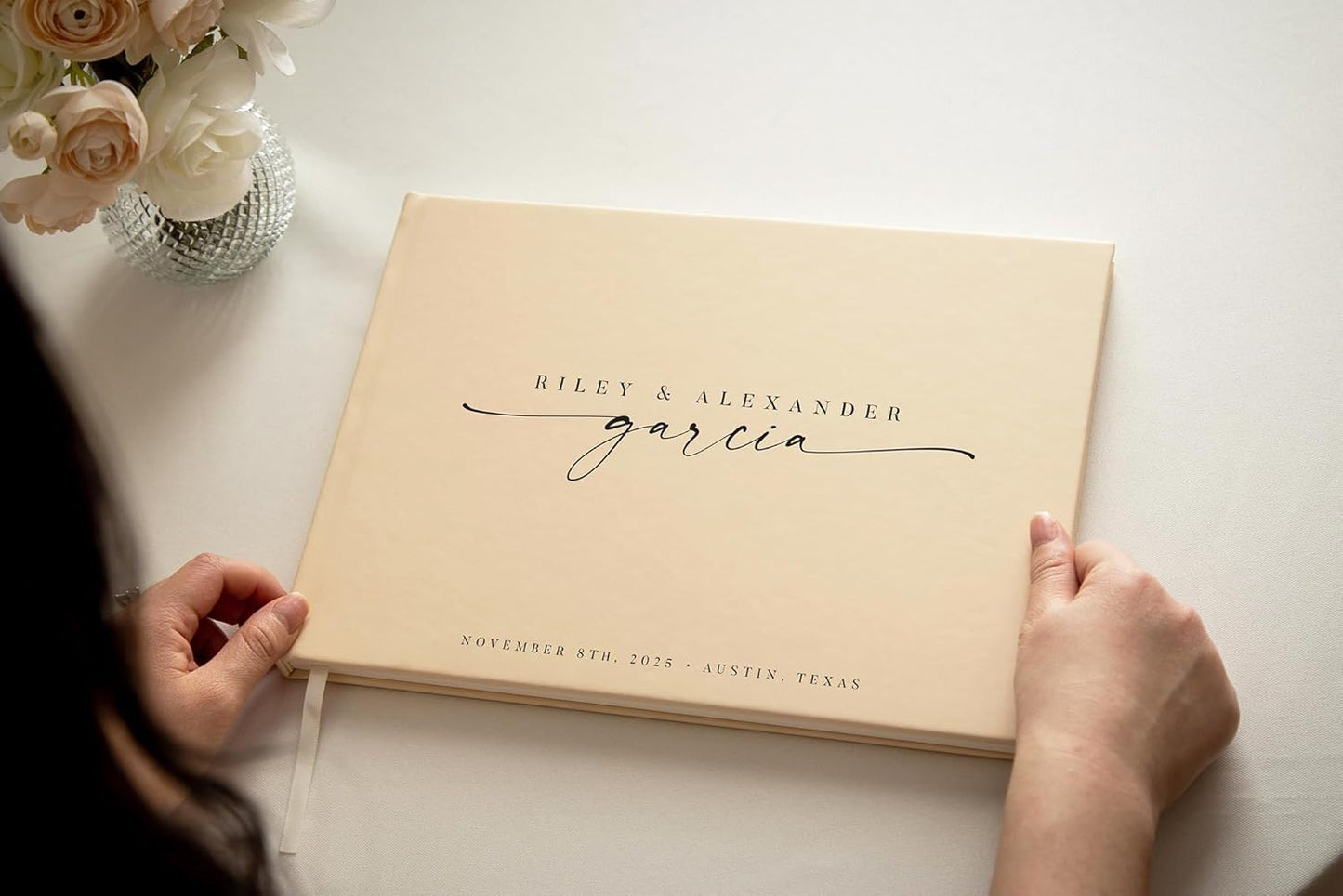 Personalized Guest Book - 11.5" x 8.5" Custom Bride & Groom Names with Bookmark and Hard Cover 140 GSM Blank Pages, for Weddings Guest Book, Engagements, Birthdays, Special Events, Butter