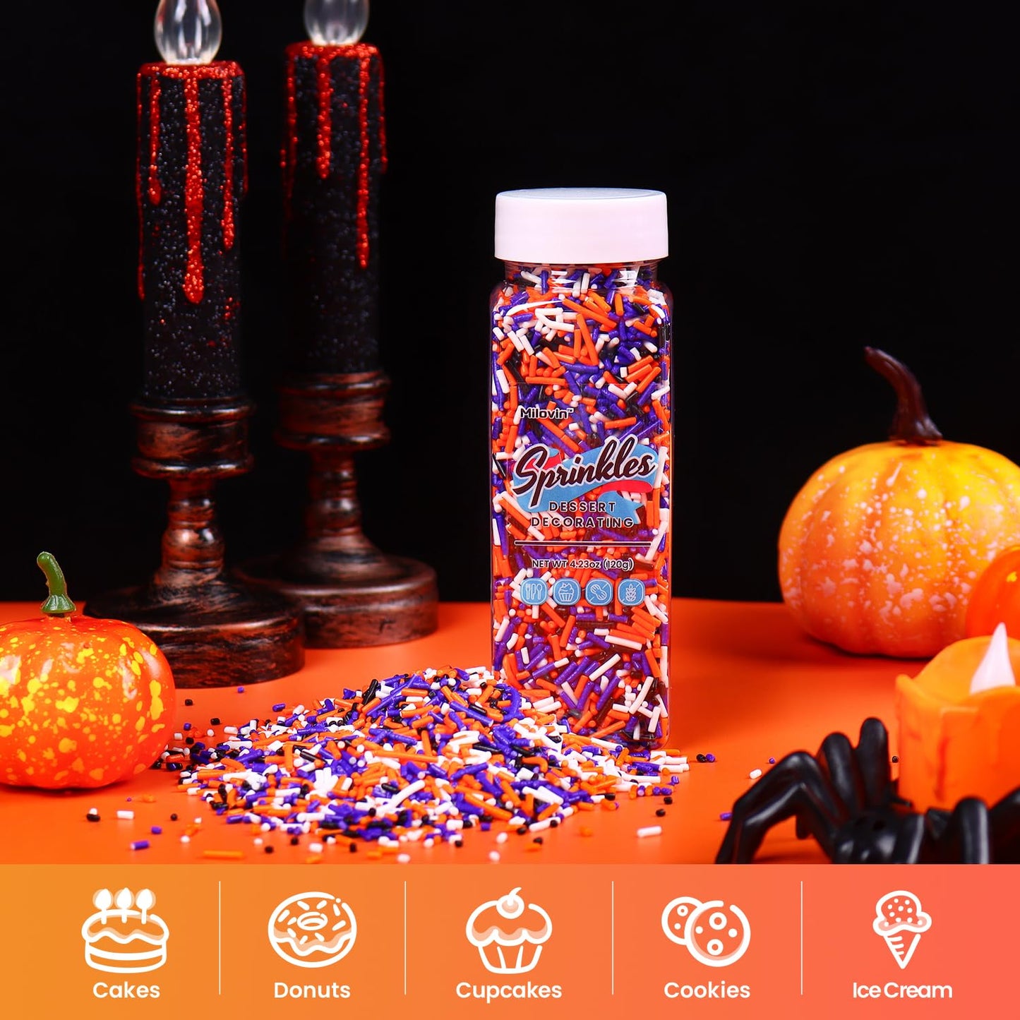 Edible Halloween Jimmies Sprinkles, Halloween Sprinkles, White, Purple, Orange, and Black sprinkles, Jimmy for Decorating, Perfect for Cake, Cupcake, Macaron, Baking, Ice cream, and Cookies(120g/4.23 oz)