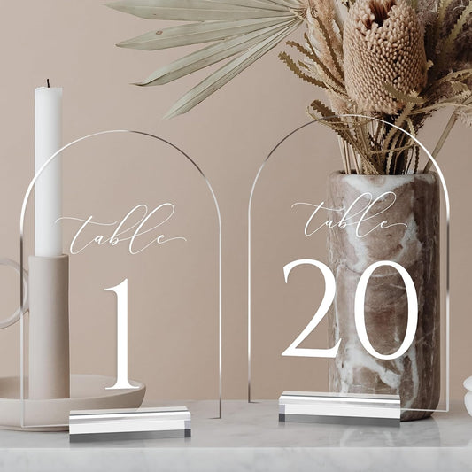 JINMURY Clear Arch Table Numbers for Wedding, 5x7 Inch Arched Acrylic Table Numbers 1-20 with Stands, Clear Acrylic Arch Sign with Holder for Centerpiece, Reception, Wedding, Party, Event