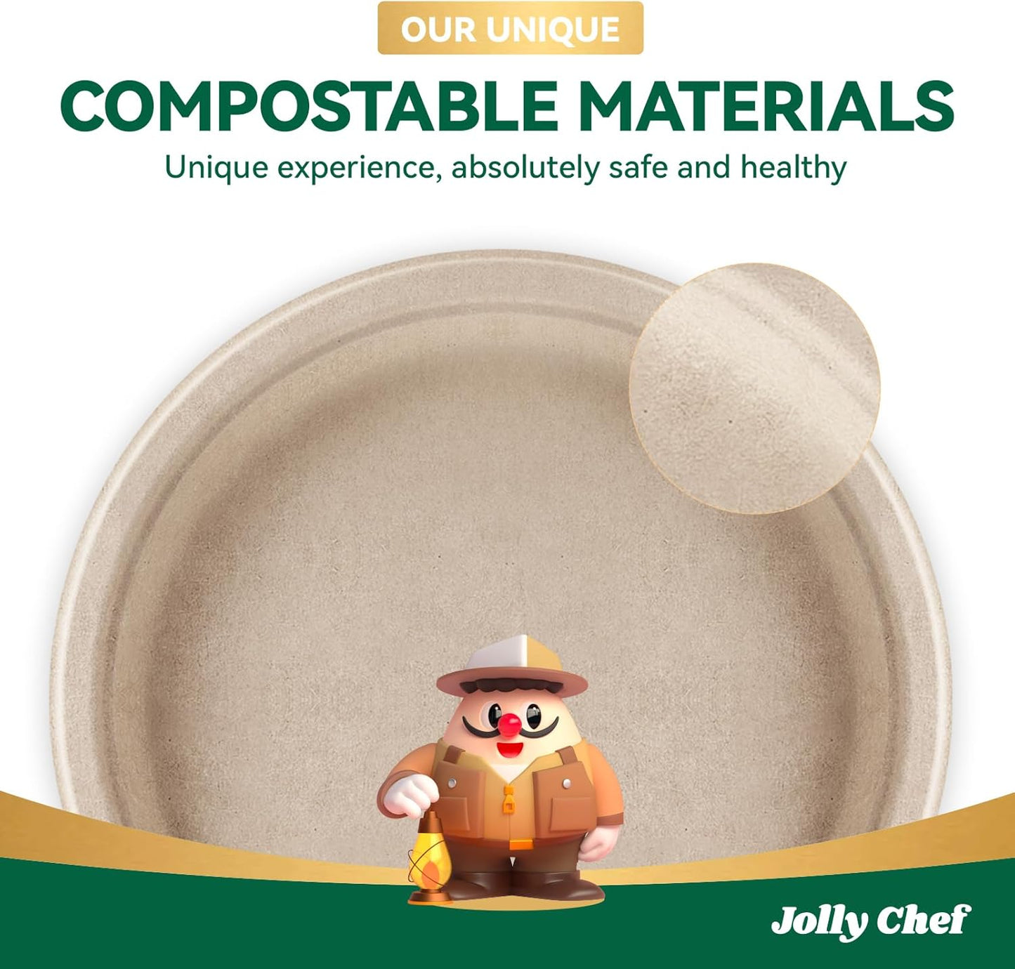 JOLLY CHEF Compostable Heavy Duty Plates 𝟭𝟬 𝗜𝗻𝗰𝗵 [𝟭𝟮𝟱 𝗣𝗮𝗰𝗸] Eco-Friendly Disposable Paper Plates Made of Bagasse Biodegradable Bulk for Party Dinner Sugarcane Fibers Round (Natural)