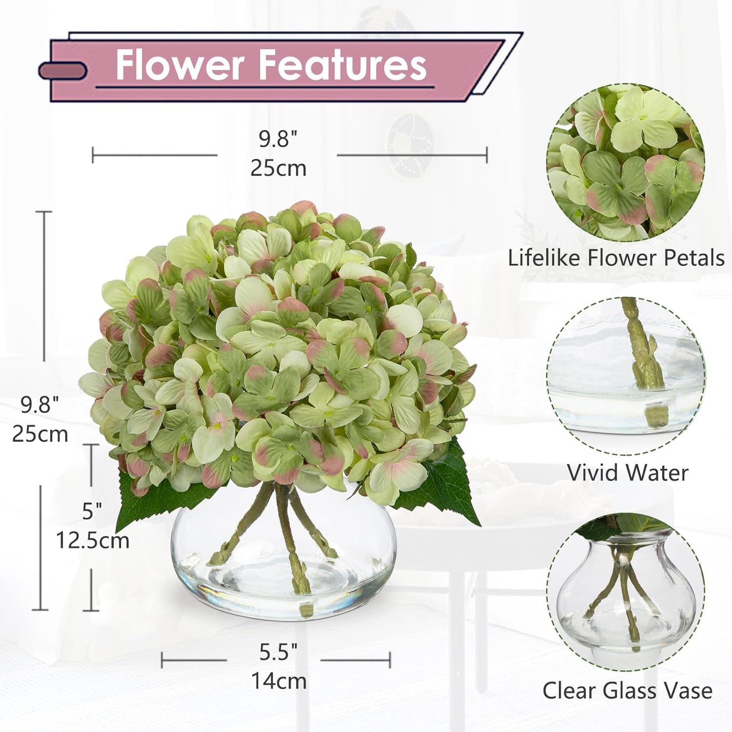 Hollyone Hydrangea Artificial Flowers with Glass Vase Dark Green Silk Faux Flowers Arrangements in Vase with Faux Water Fake Floral Bulk Bouquet for Home Decor Table Centerpiece Decorations