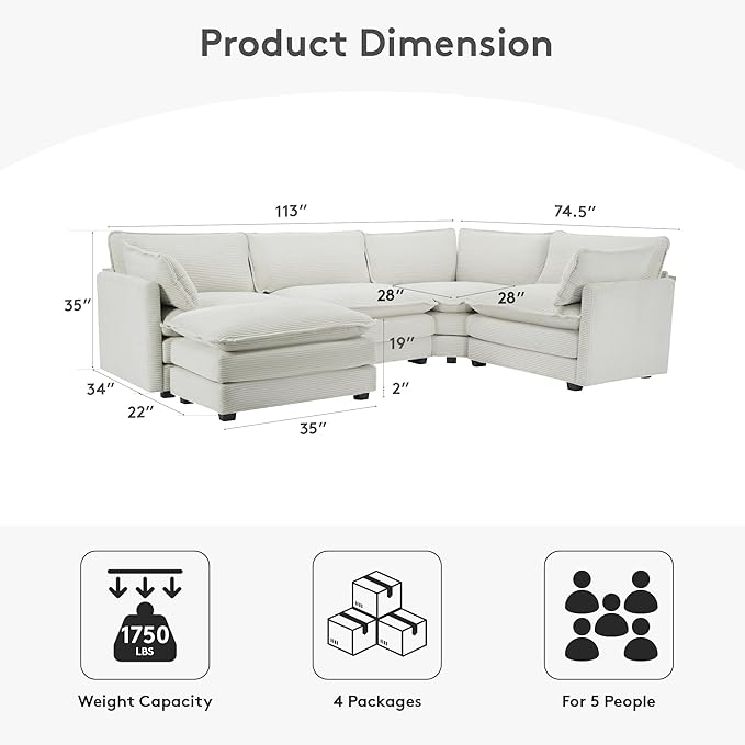 ROWHY 113'' Sectional Cloud Couch, 5 Seater Modular Corner L Shape Sofa Big - Image 2