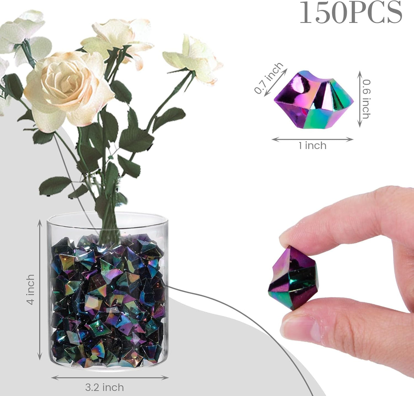 DomeStar 150PCS Iridescent Black Fake Ice, 2.5Cups Acrylic Gems Crystals Black Purple Rocks Diamonds Vase Centerpiece for Vase Fillers Party Table Scatter Wedding Food Display