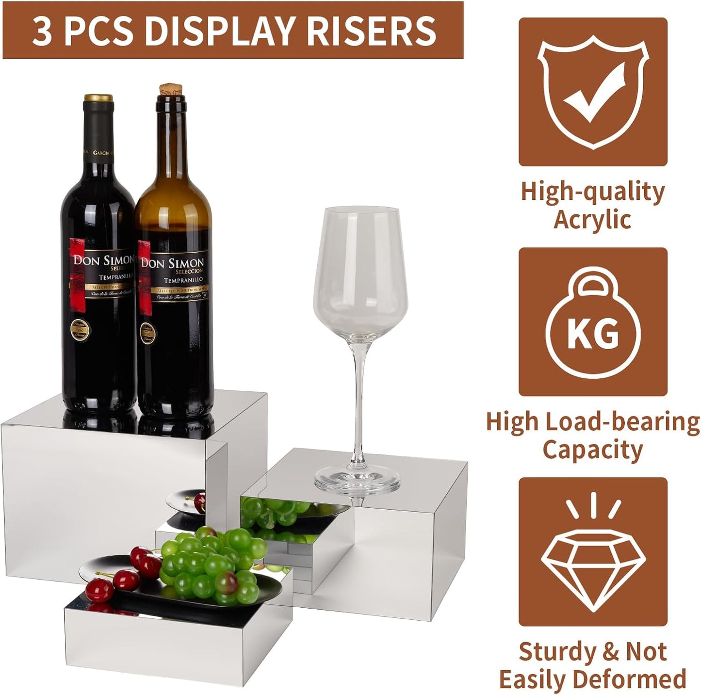 3 Pcs Acrylic Risers for Display, Acrylic Cube Box Food Display Risers Stand Shelf for Catering Dessert Collectibles Jewelry Figures Party (Silver3pc)