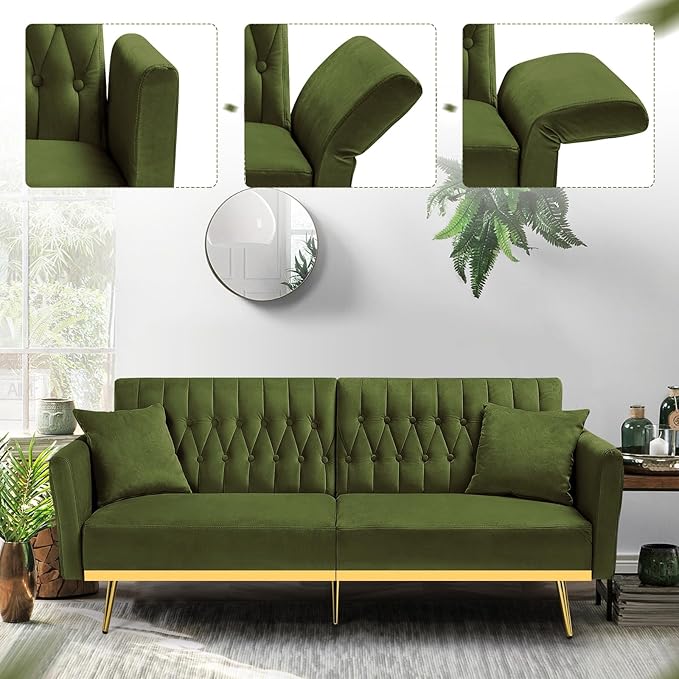 70” Velvet Futon Sofa Bed w/Adjustable Armrests & 2 Pillows, Convertible Futon - Image 2