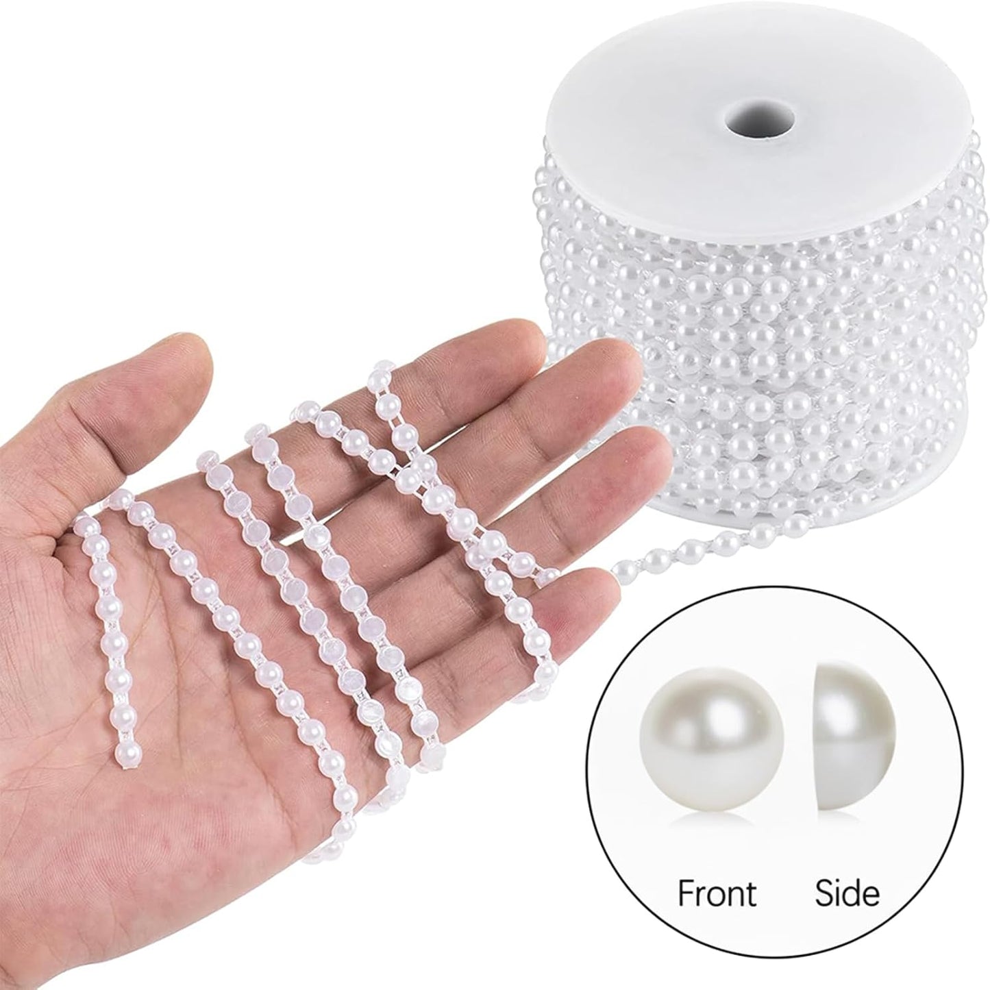 Half-Round Pearl Bead Garland String 27 Yards, 6MM Flat Pearl Beaded Spool Roll Crafts for Wedding Party Decoration(White)