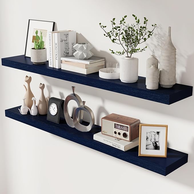 fuqing Dark Blue Floating Shelves 48 Inch, Solid Wooden Wall Shelves Set of 2 by Fuqing