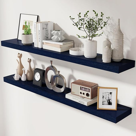 fuqing Dark Blue Floating Shelves 48 Inch, Solid Wooden Wall Shelves Set of 2 by Fuqing