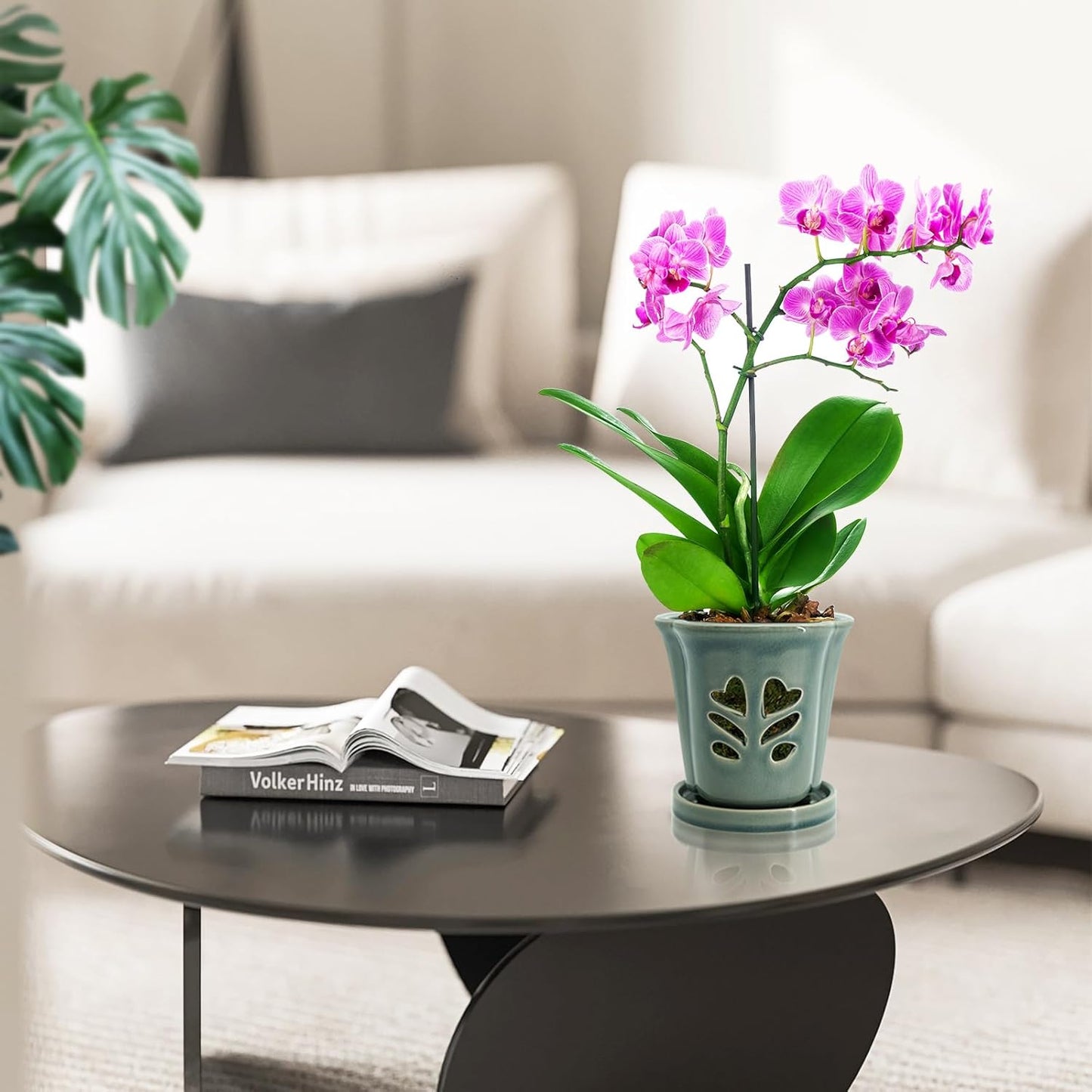 4 Inch Orchid Pot, Orchid Pots with Holes, Ceramic Orchid Pot for Repotting, Beatiful Ice Cracked Glaze Ceramic Plant Pot for Plants Indoor Outdoor.