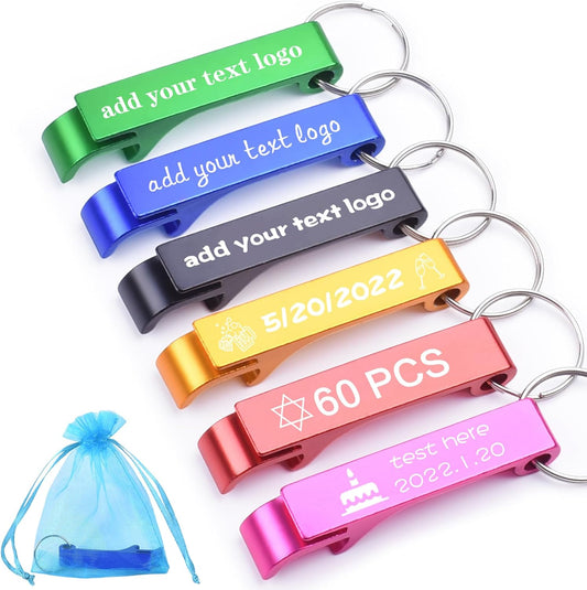 60pcs Personalized Bottle Opener Keychain Bulk, Custom Text/Logo/Photo