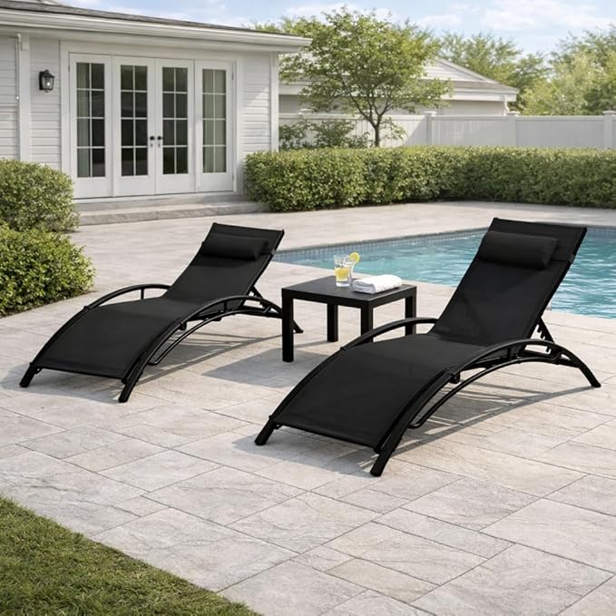 EROMMY Outdoor Chaise Lounge Set of 3, Reclining Patio Chairs by EROMMY
