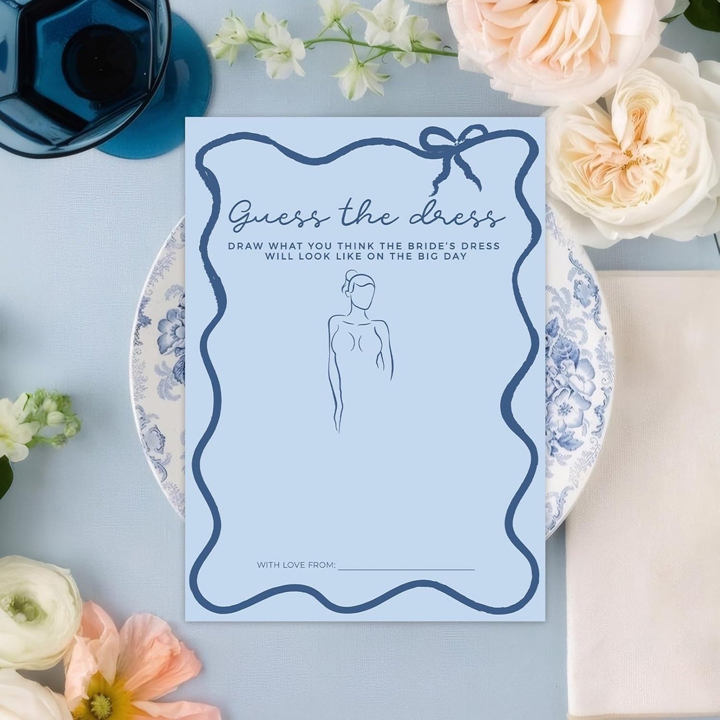 DEEKA 30 PCS Bridal Shower Games Card for 30 Guests Blue Wavy Border Ribbon Bow Funny Wedding Bachelorette Party Games for Reception (Guess The Dress)