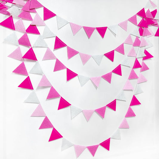 Hot Pink Party Decorations - Ombre Rose Pink Felt Hanging Triangle Mini Bunting Pennant Banner Flag for Birthday, Wedding, Baby Shower, Bridal Shower, Bachelorette, Girl Party, Classroom