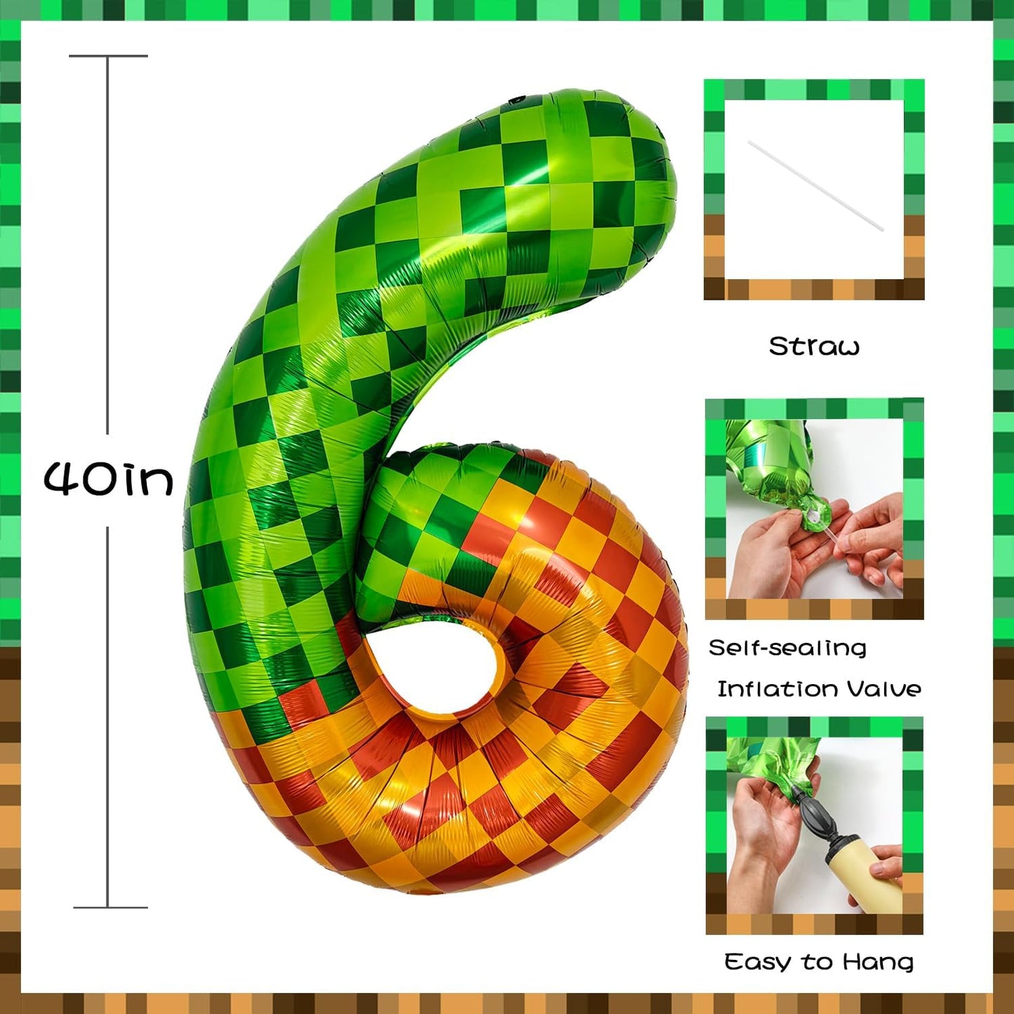 Pixel & TNT Theme 40in Giant Number Balloons - Foil Mylar Birthday Party Decorations for Kids Adults Cumpleaños, Block Style Pixel Art Shape Balloon Decor Supplies (Pixel, Number 6)