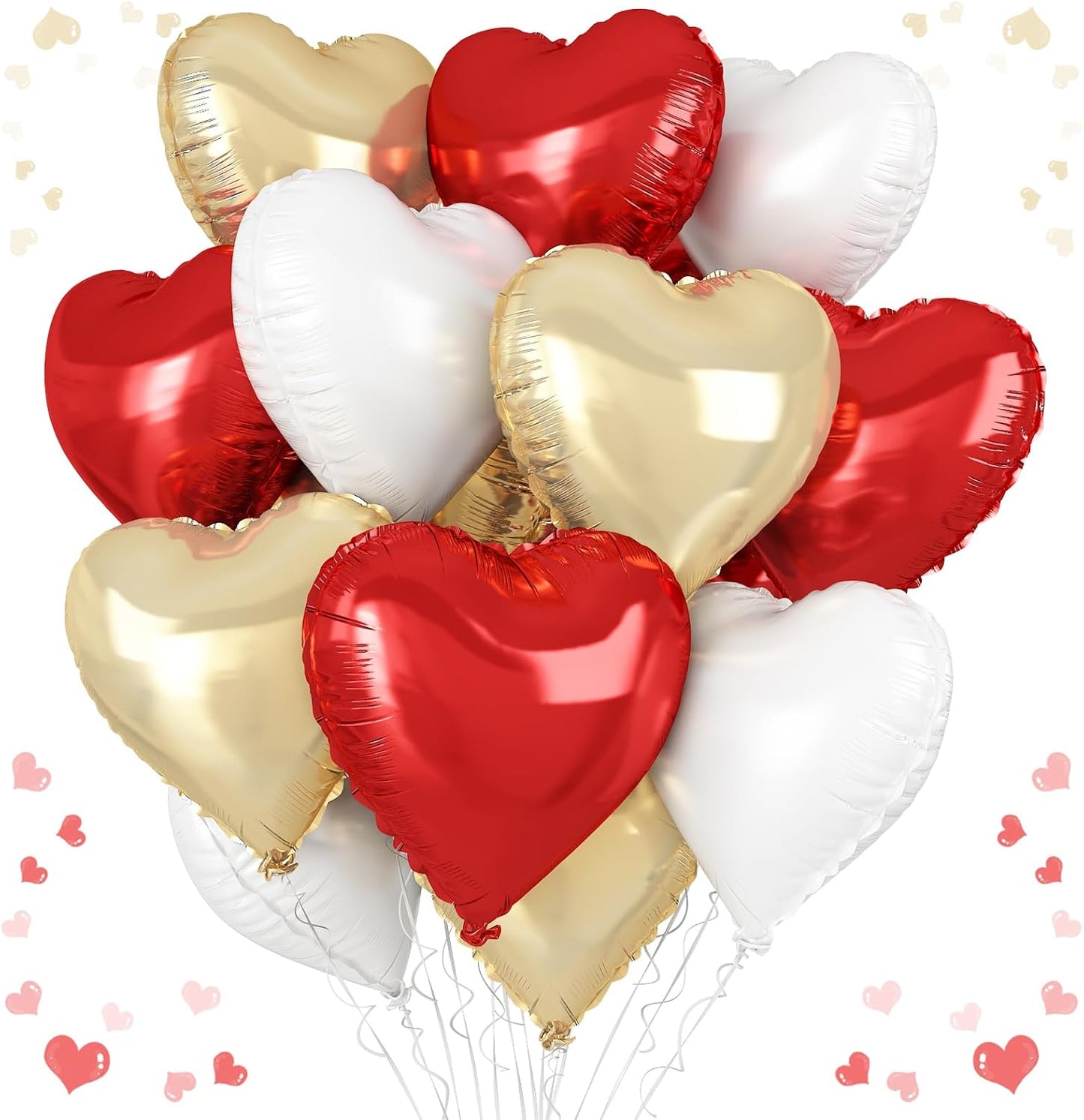 Red Gold Heart Balloons, 18 Inch Red White Champagne Gold Heart Shape Balloon, 12PCS White Helium Foil Love Balloon for Birthday Baby Shower Engagement Wedding Party Decoration