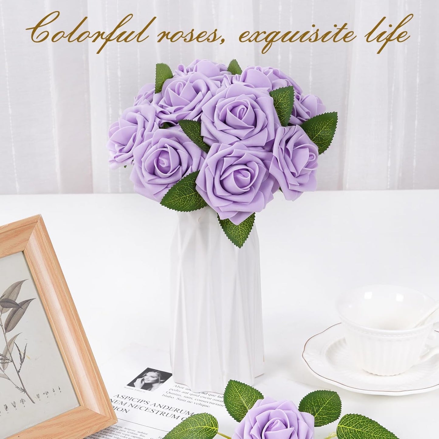 BLEUM CADE 36Pcs Artificial Flowers Fake Roses with Stems, Purple Boxed Foam Roses for DIY Bouquets Centerpieces Wedding Party Arrangement Bridal Shower Decor