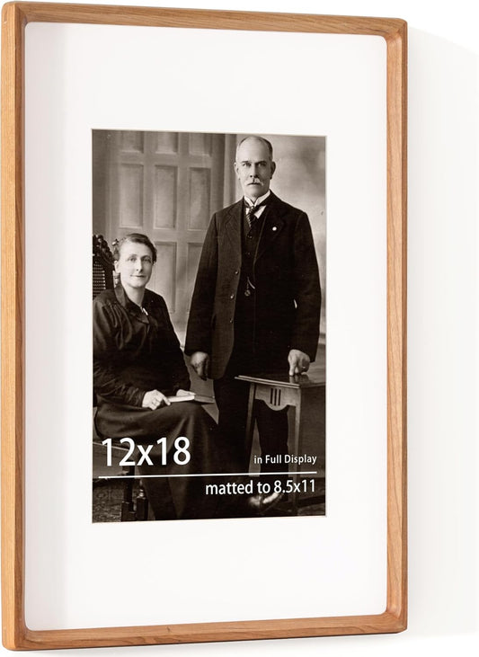 12x18 Picture Frame USA-Sourced Natural Cherry Wood Solid Original Wood Photo Frame Rounded Corner with Mat to 8x12 Picture Display with Real Glass Family Picture, Wedding Picture, Photo, Certificate