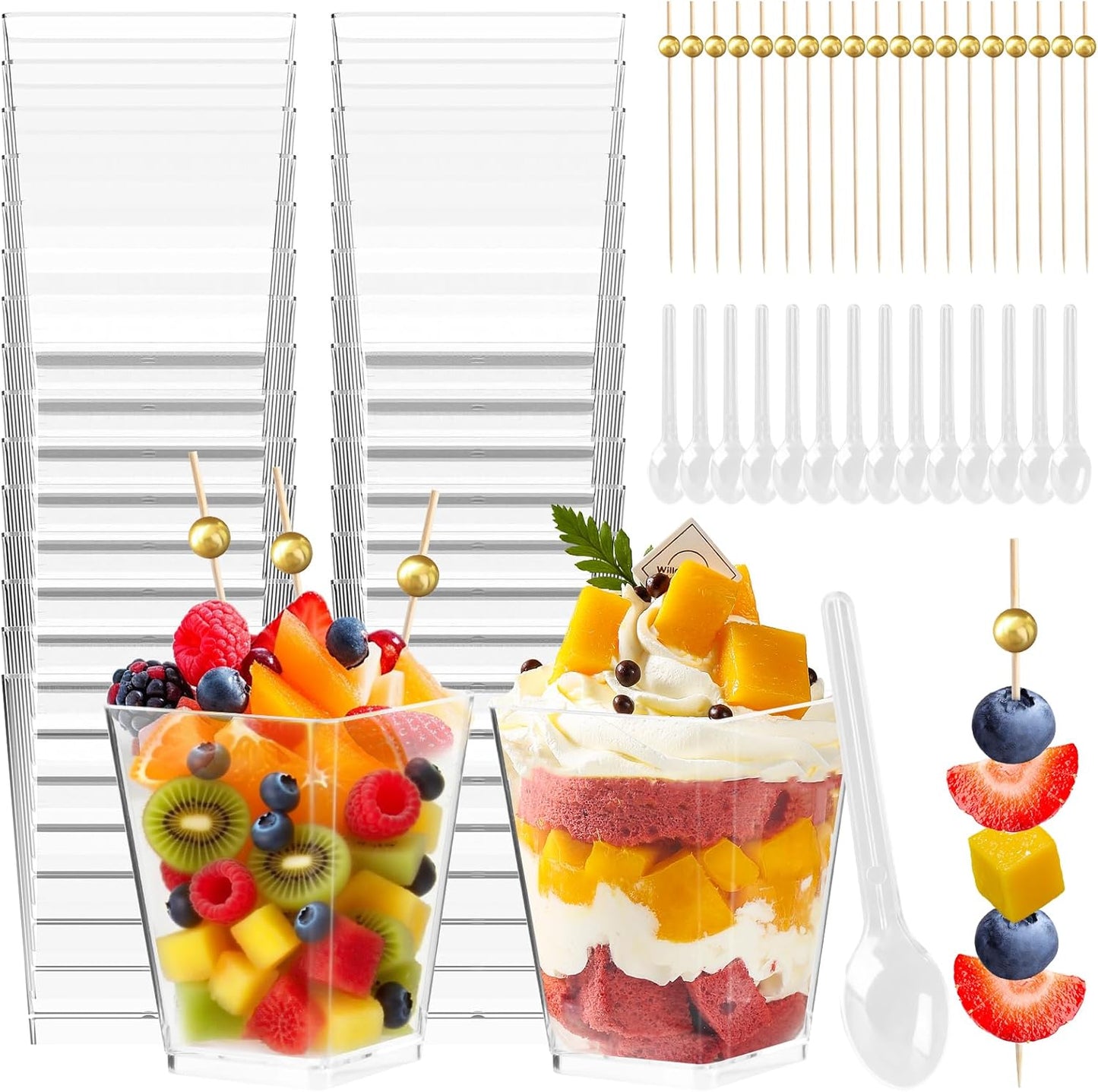 Kosotody 150 Pcs 5 OZ Dessert Cups with Spoons Cocktail Picks, Square Appetizer Cups Clear Mini Mini Party Serving Cups for Party Appetizers Pudding Yogurt Ice Cream Fruit
