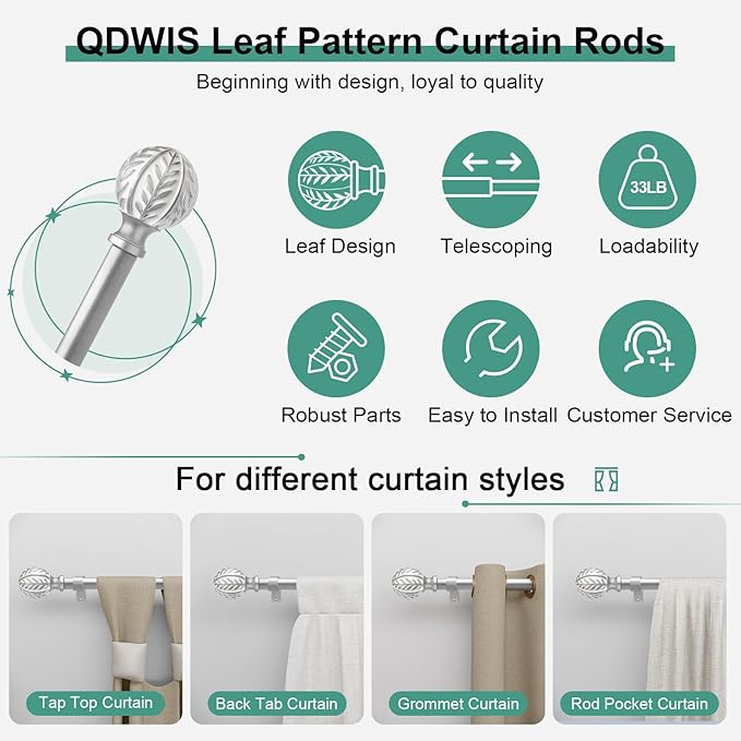 QDWIS Silver Curtain Rods for Windows 28 to 48 inch, Rustic Decorative Drapery - Image 6