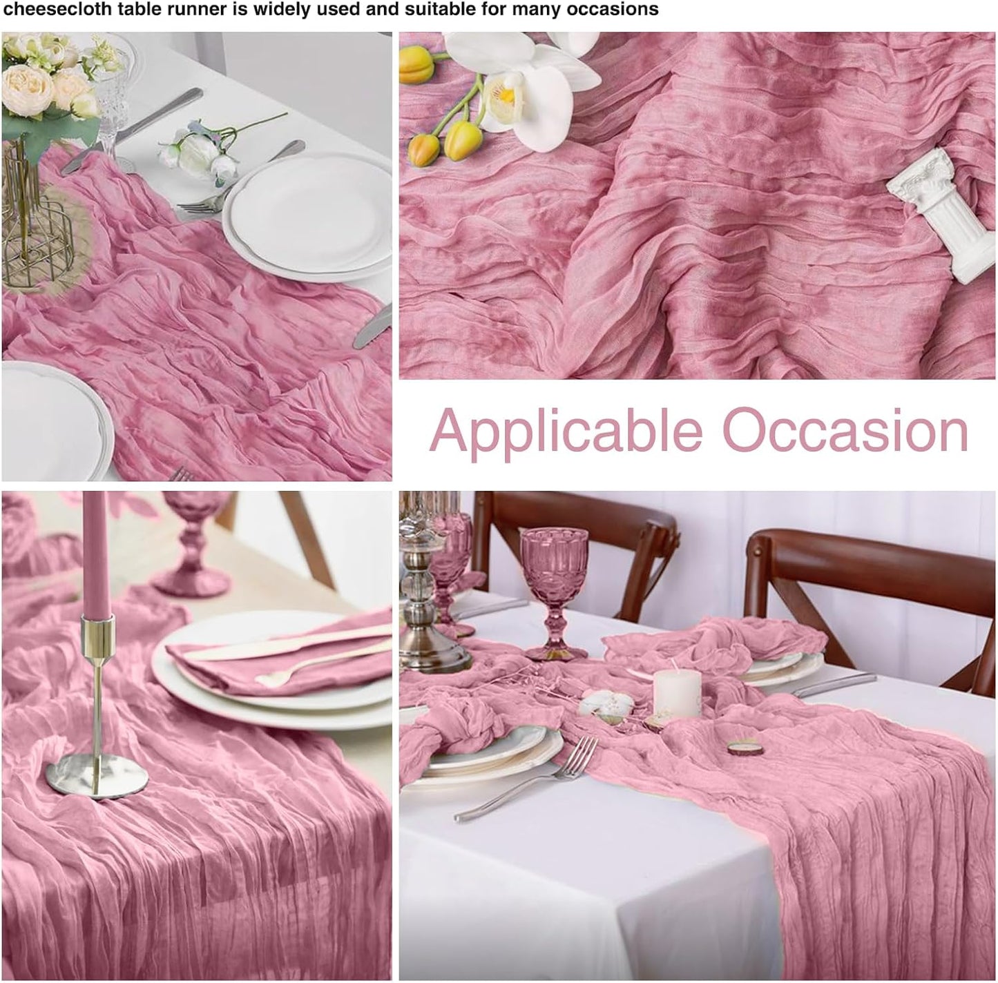 6 Pack Dusty Rose Cheesecloth Table Runner 20x120 Inch Boho Wrinkled Sheer Romantic Gauze Decor for Wedding, Bridal Shower, Birthday Party