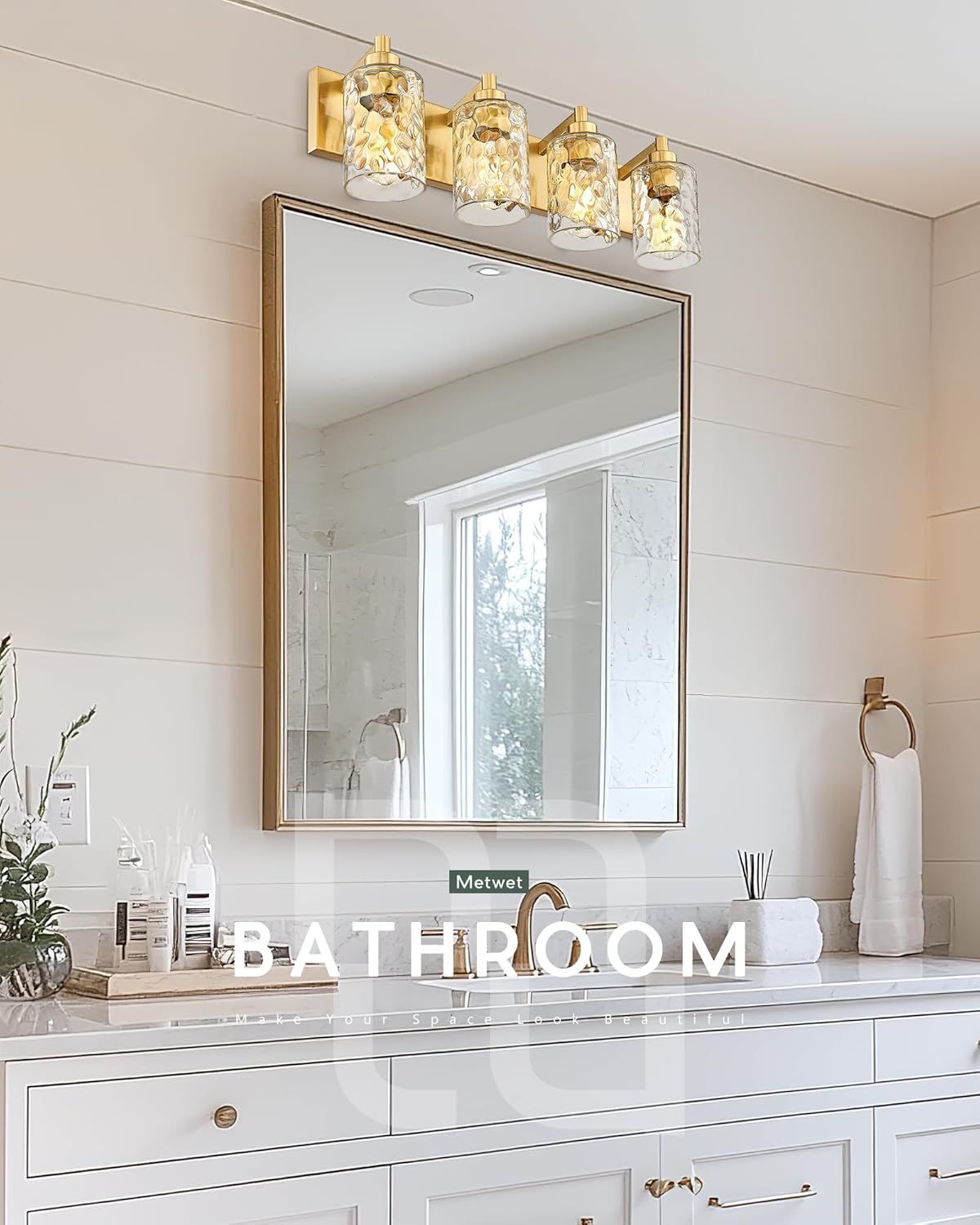 4-Light Bathroom Light Fixtures, 24.5 Inch Brushed Gold Vanity Lights with Clear Hammered Glass Cylinder Shade, Modern Vanity Lighting Fixture Over Mirror, VL198-BG-4