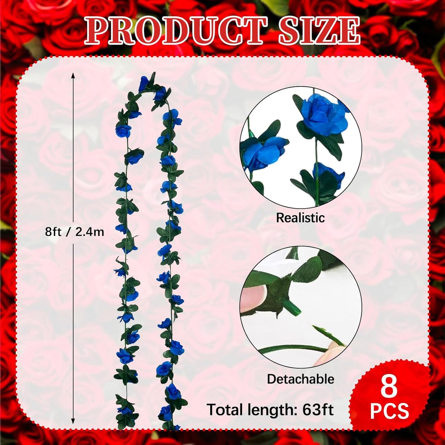 8Pcs 63Ft Royal Blue Rose Garland, Fake Rose Hanging Flowers, Artificial Flower Vine, Hanging Floral Vine Garland for Wedding, Birthday Party, Wall Arch, Halloween, Christmas Garden Backdrop Decor