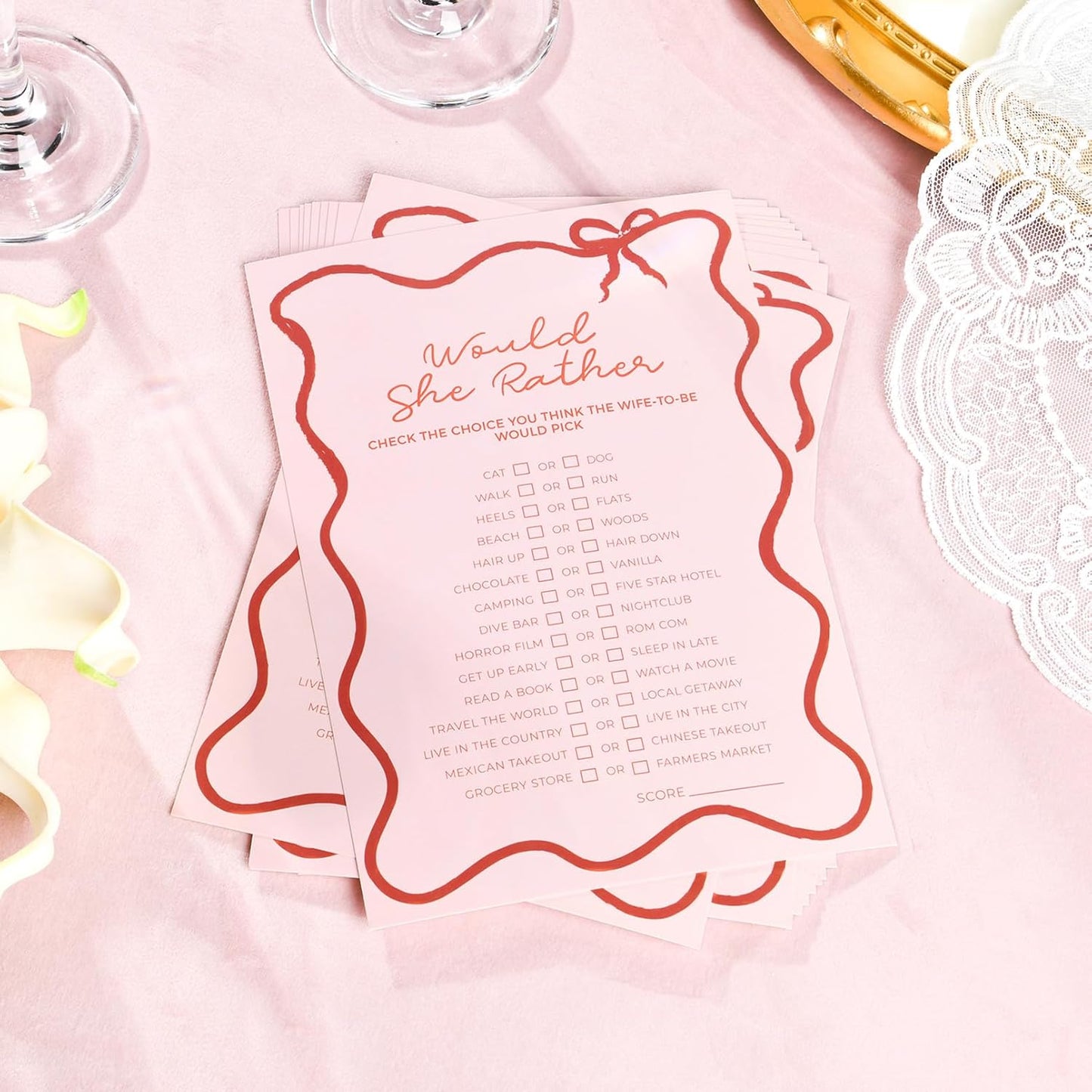 DEEKA 30 PCS Bridal Shower Games Card for 30 Guests Pink Wavy Border Ribbon Bow Funny Wedding Bachelorette Party Games for Reception (Would She Rather)