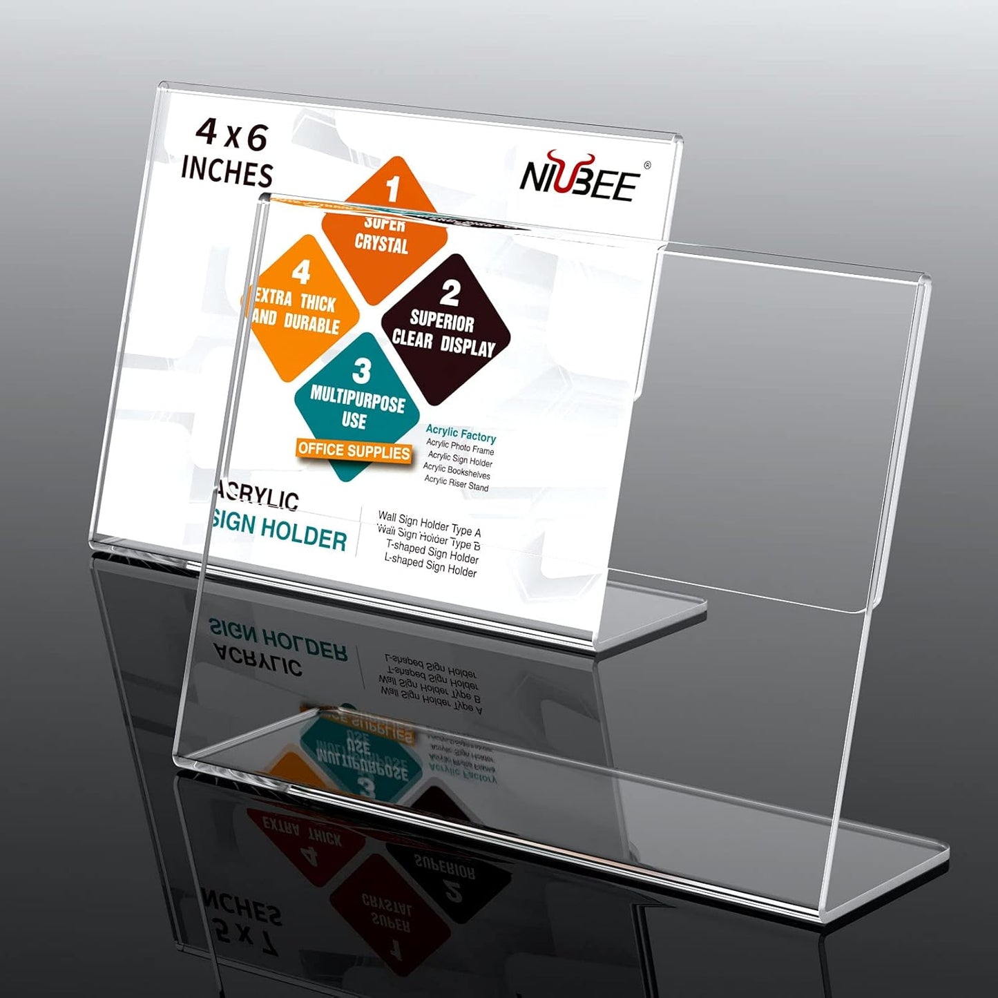 NIUBEE Slanted Back Acrylic Sign Holder 6 x 4 Inches, Clear Plastic Sign Holder Paper Display Table Stand for Office, Store, Restaurant -Horizontal (6 Pack)