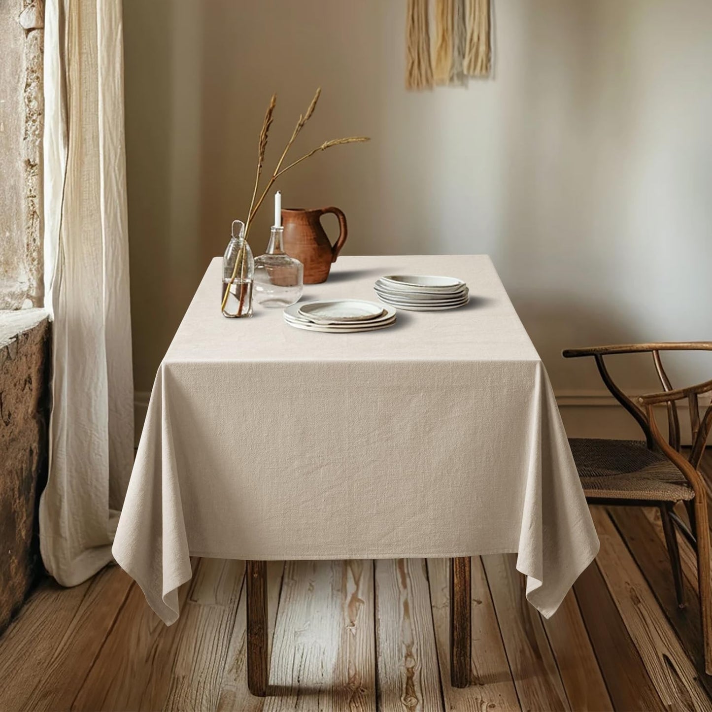 MIULEE Natural Linen Cotton Blend Tablecloth Rectangle, Luxury Waterproof Stain Resistant Durable Farmhouse Oblong Table Cloth for Dining Party Christmas Weddings Birthday, 52 x 84 inch, Ivory Cream