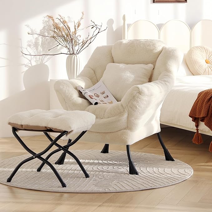 Lazy Chair with Ottoman, Large Lvory Accent Chair with Ottoman and FA Throw - Image 4