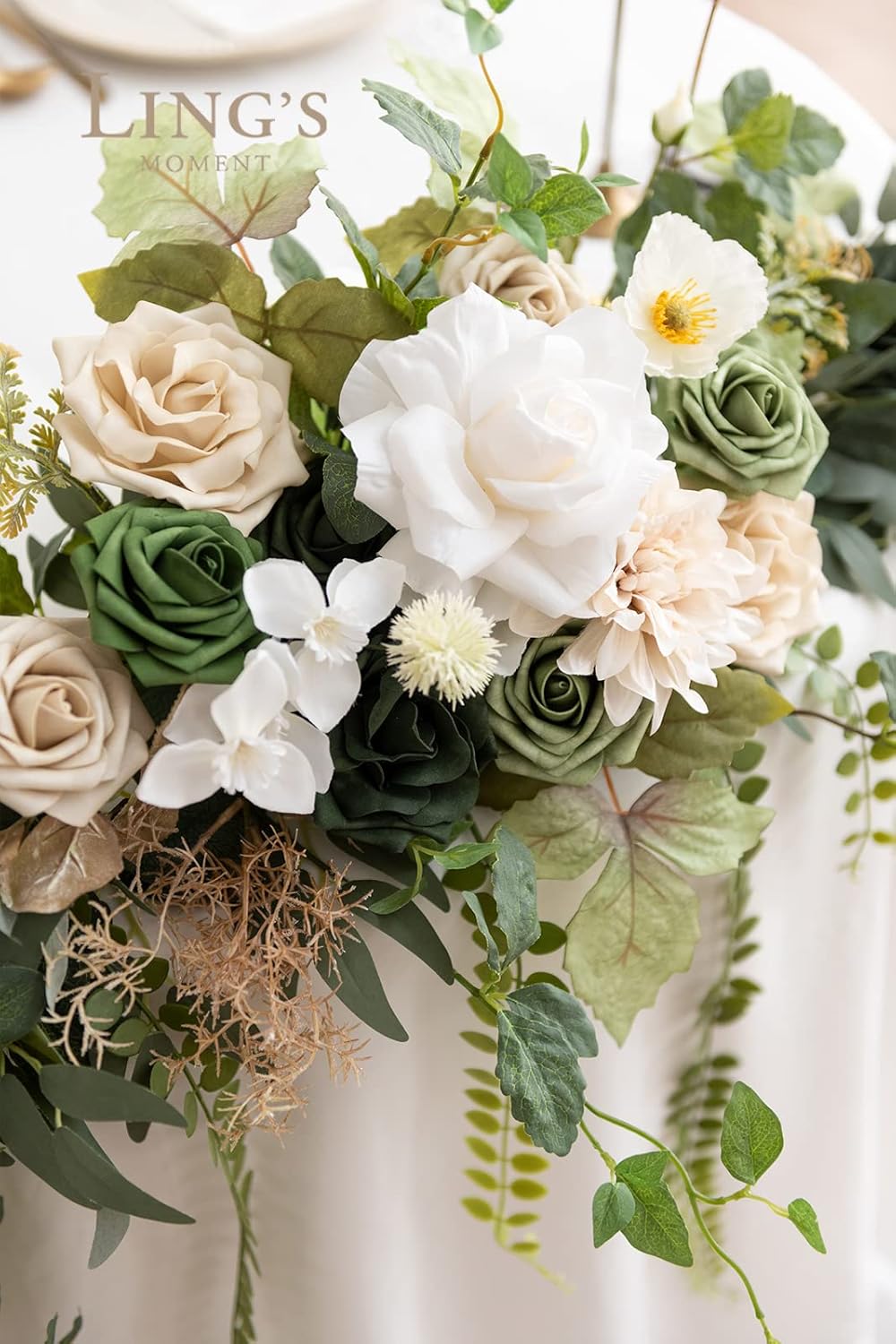 Ling's Moment 9FT Flower Garland for Backdrop Decoration - Wedding Arch Flowers, Eucalyptus & Rose, Artificial Floral Garland for Mantle - Sweetheart Table Decor for Ceremony, Christmas, Emerald Tawny