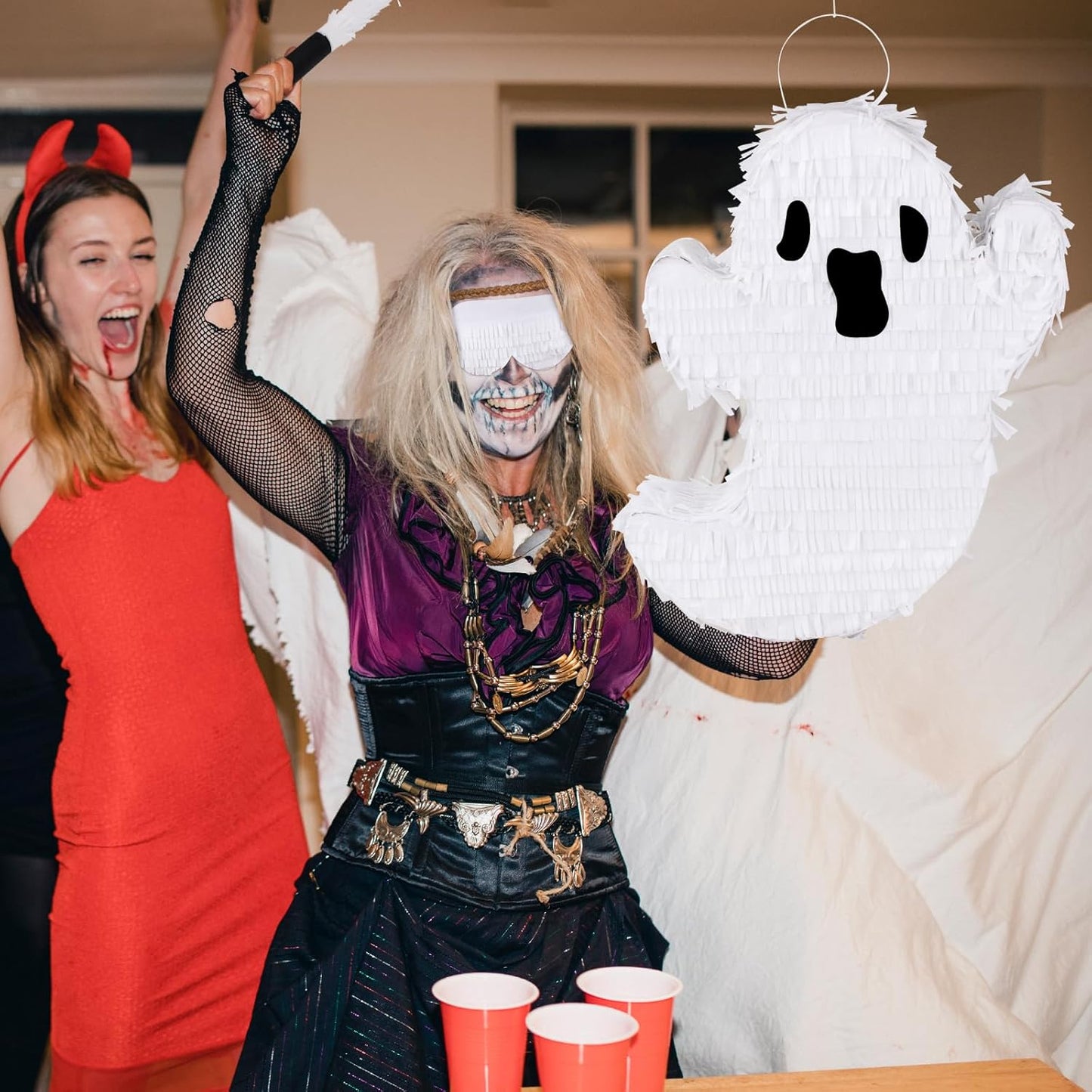 Ghost Pinata Halloween Pinata with Stick and Blindfold Holidays Decorations for Halloween Party Supplies Kids Birthday Game Parties Ghost Themed Fillable