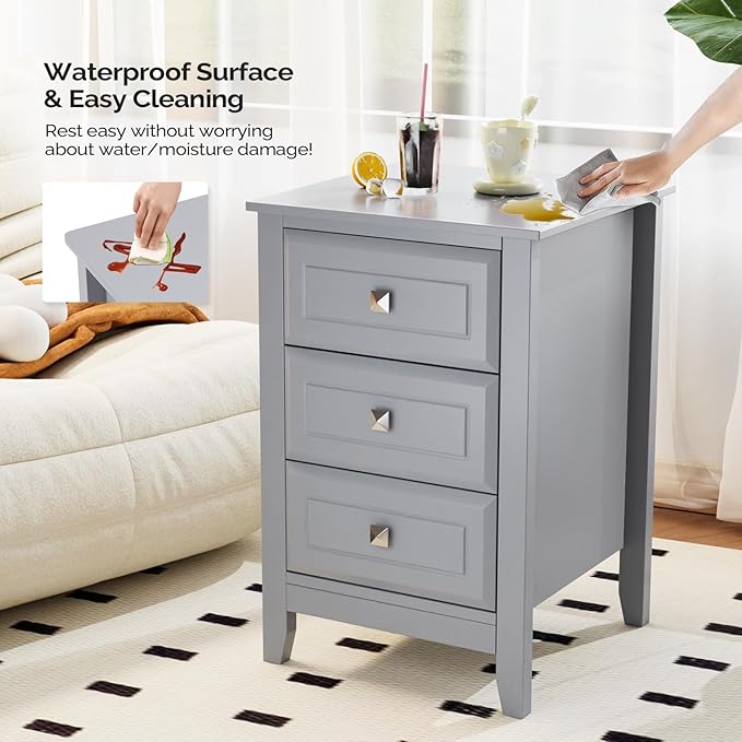 Bonnlo Gray Nightstands Set of 2, 3 Drawer Nightstand, Modern Night Stand - Image 7