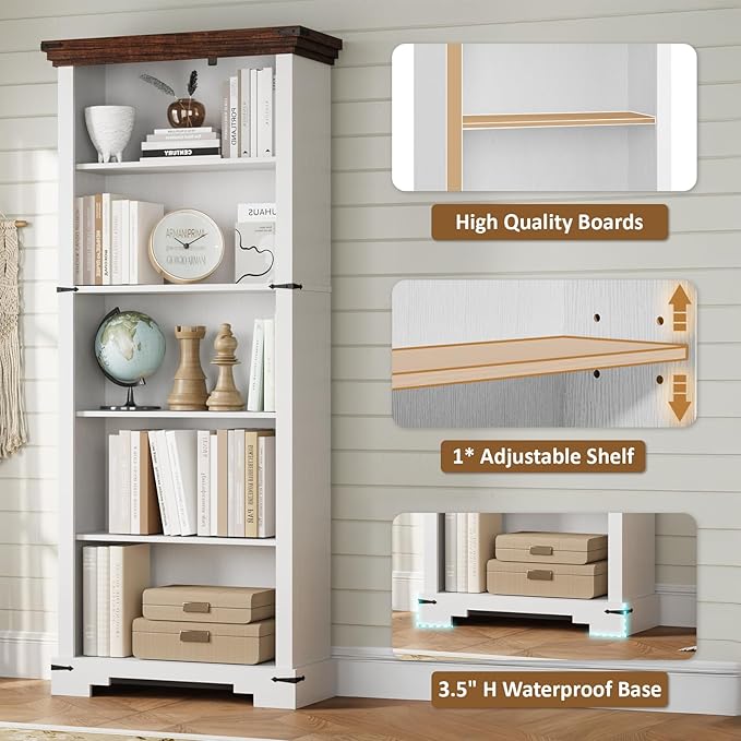 5-Tier Farmhouse Bookshelf, 61.1 inch Tall Bookcase - Image 3