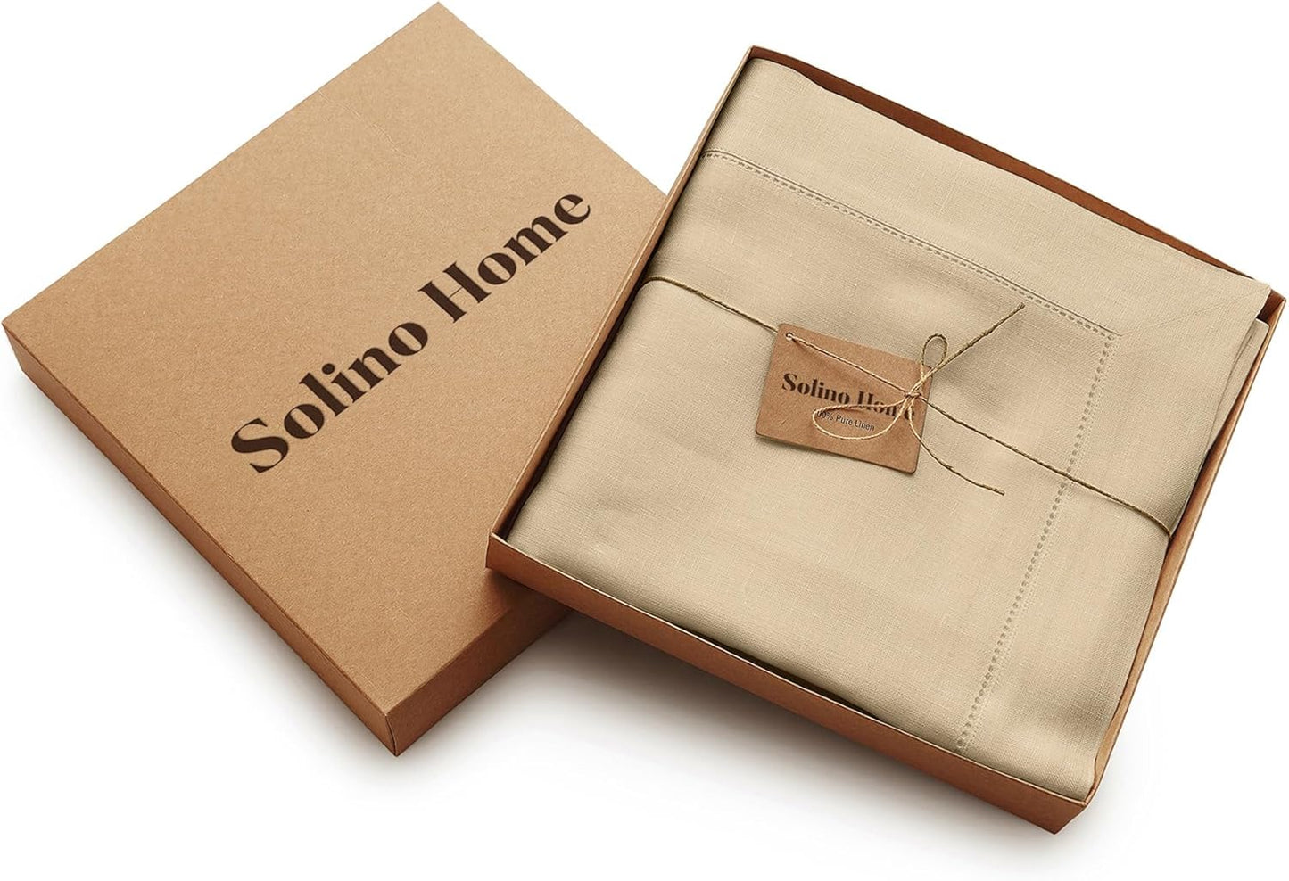 Solino Home Linen Beige Tablecloth 60 x 90 Inch - Classic Hemstitch, 100% Pure Linen Rectangular Tablecloth - Machine Washable Table Cloth for Fall, Autumn, Thanksgiving, Christmas