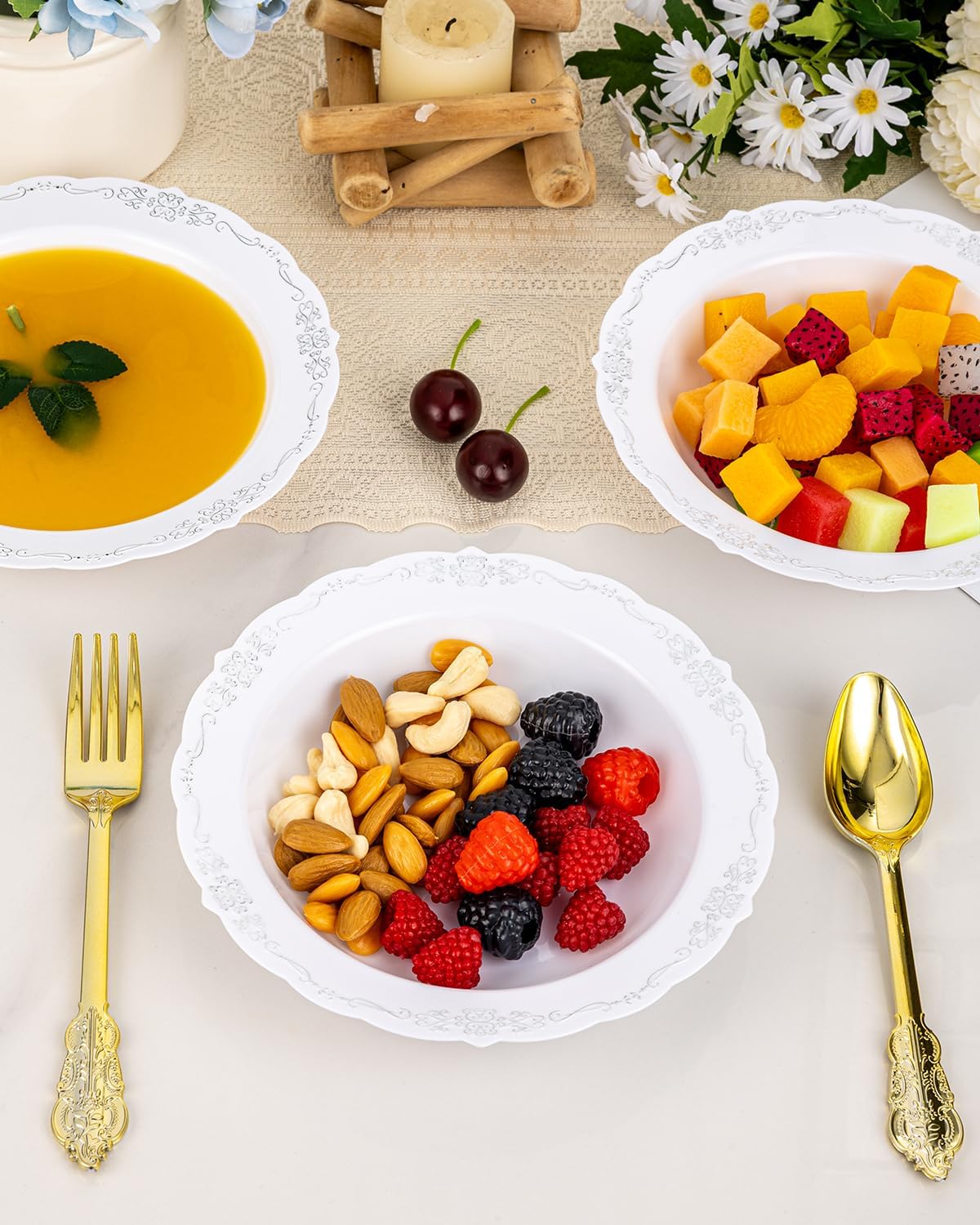 50 Pack White Plastic Bowls with Silver Rim, 12oz Plastic Salad Bowl, Disposable Bowls for Party, Dinners, Weddings, Christmas, Thanksgiving