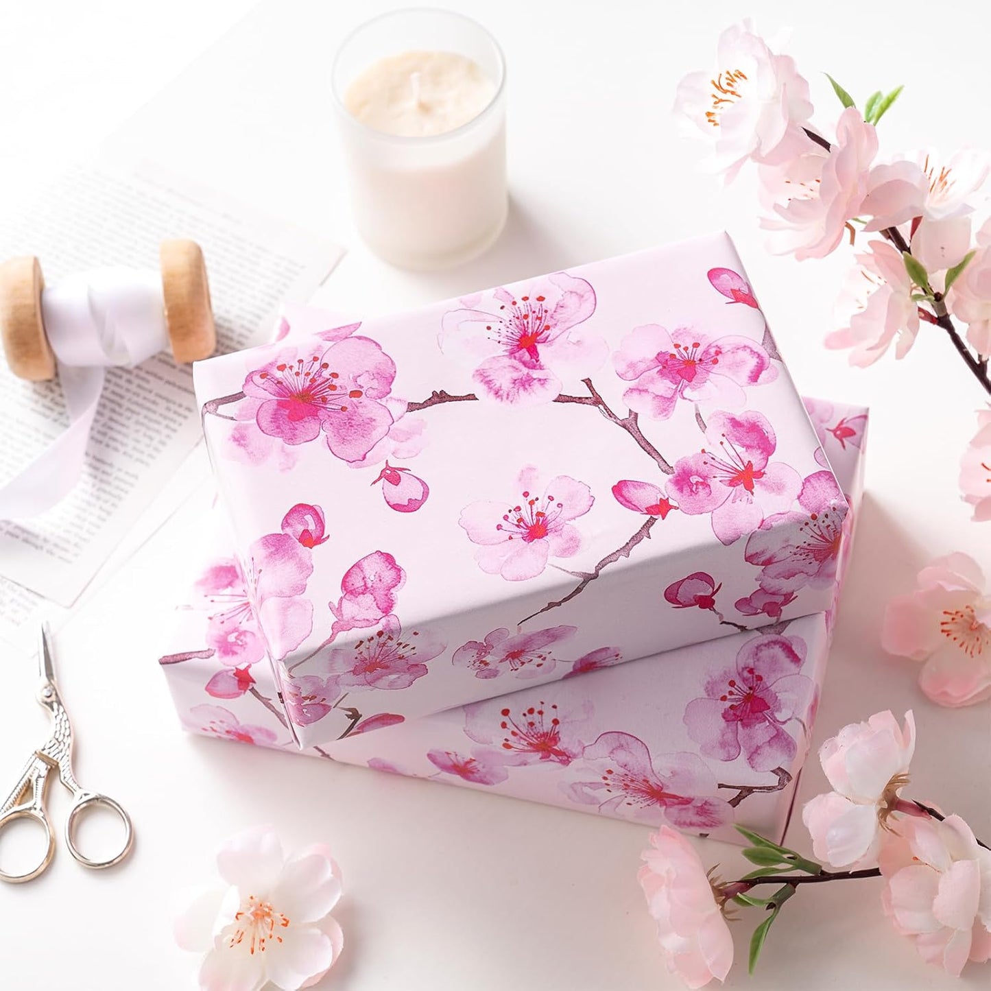 RUSPEPA Floral Wrapping Paper Roll for Women Girls, Mini Roll, Pink Sakura Cherry Blossom Flower Gift Wrap Paper Perfect for Birthday, Spring, Wedding, Bridal Shower, Mother's Day, 17 Inch x 16.4 Feet