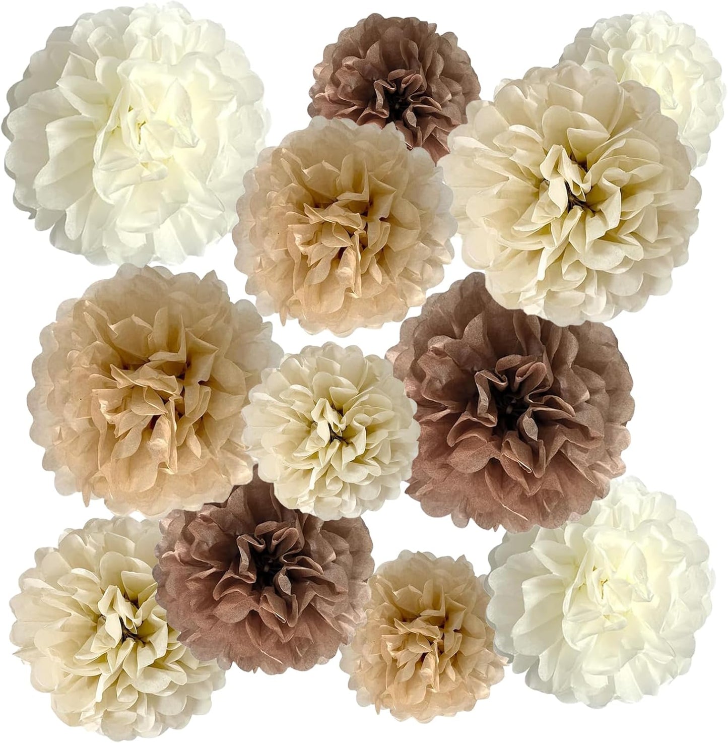 ZOOYOO Brown Paper Pom Poms, Caramel Party Decorations Boho Ivory Beige White Tissue Paper Pom Poms for Rustic Neutral Birthday Western Graduation Birthday Wedding Baby Shower 12PCS, Variety Pack