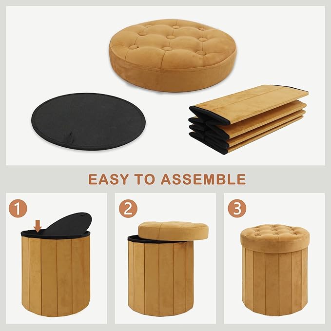 CAROLMADE Round Storage Ottoman, Velvet Folding Footrest Stool - Image 8