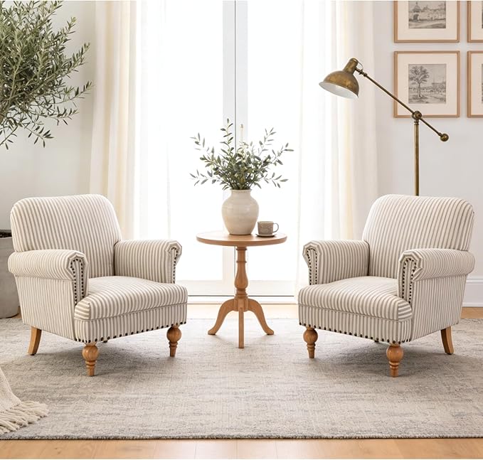 Khaki Striped Linen Fabric Accent Chair, Modern Farmhouse Upholstered Armchair - Image 5