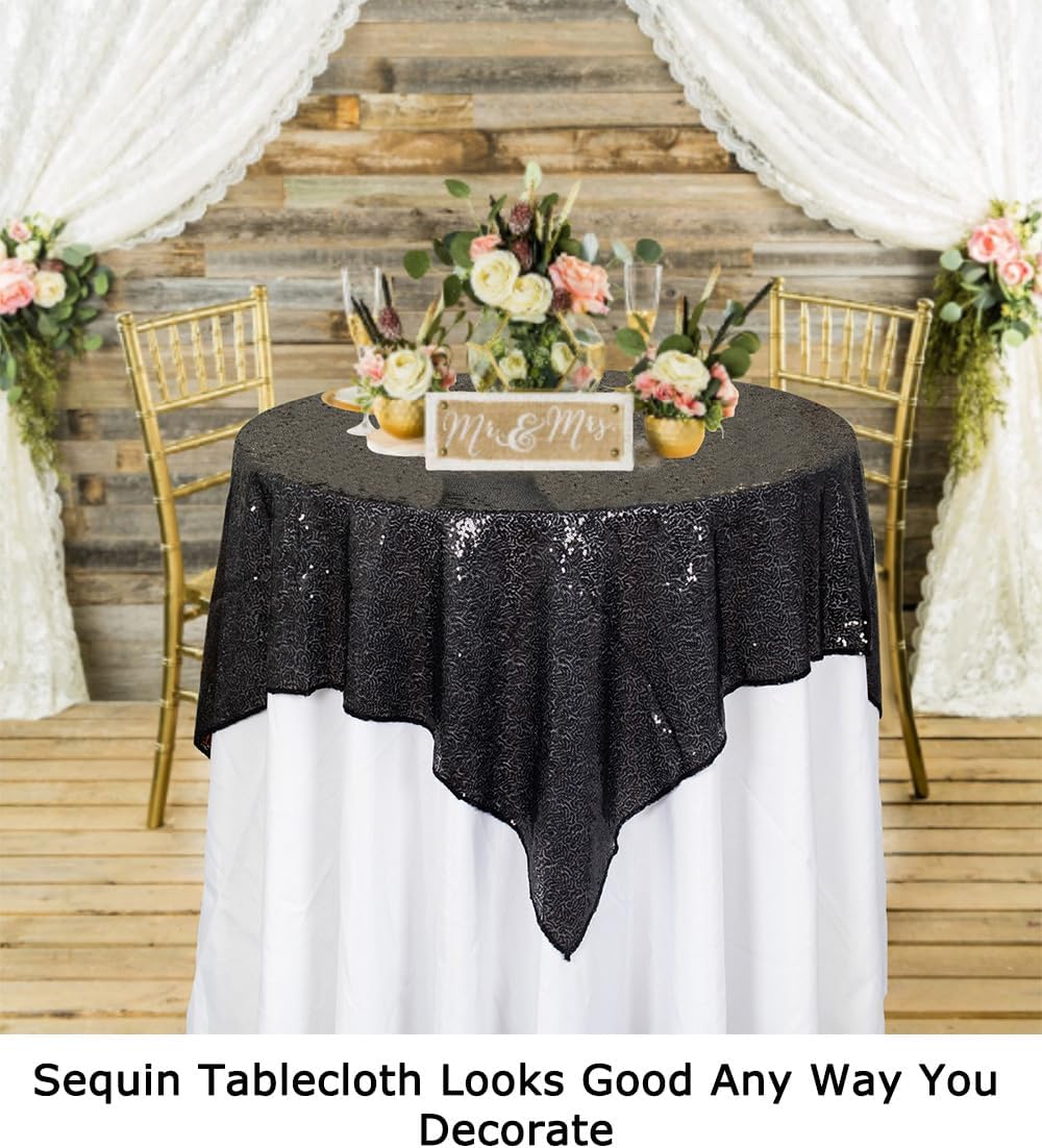 ShinyBeauty Black Tablecloths 36X36 Inch 2 Pieces Sequin Table Cloth for Party Sparkle Table Cloths Square Shimmer Table Overlay Small Wedding Birthday Halloween Tables Linen