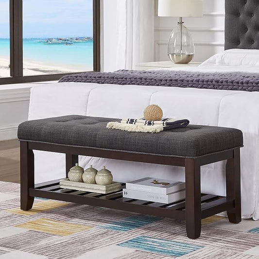 24KF Large Rectangular Upholstered Tufted Linen Ottoman Bench, Padded Bench by WEMARTHOMEDECOR